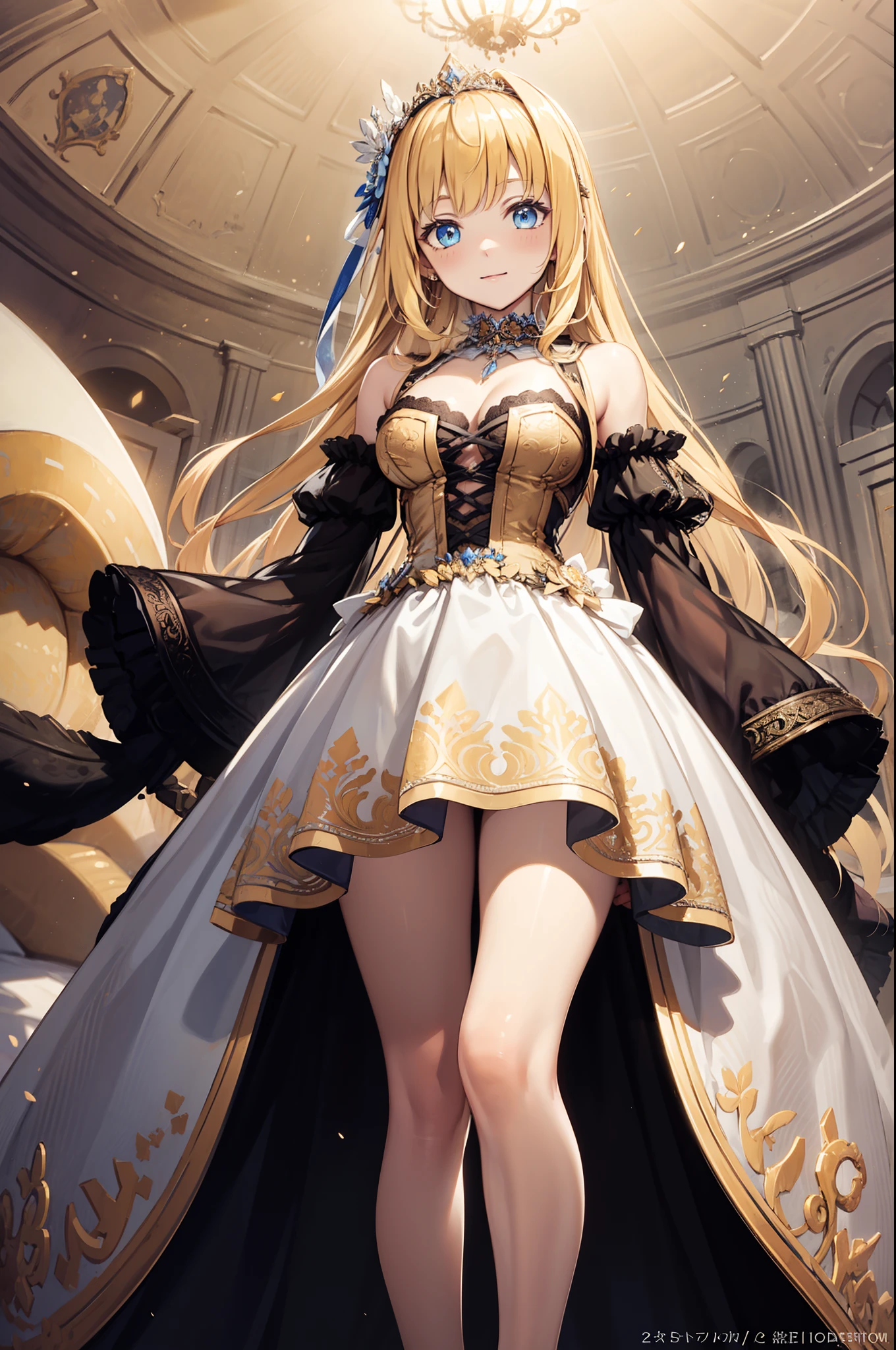 s girl,Enchanted,opulent,Being in love,divine,(Yellow and white princess dress:1.3),blond hairbl,eBlue eyes,Maximalism,Multiple layers of delicate ruffles,Lots of lace,(Lines on clothes:1.2),(exquisite costumes:1.1),(Multi-layered skirt),Princess Crown,see-through transparent clothes,Beautiful detailed face,Bedroom scene in Western mythology,Movie lighting,the night,solo person,metal decoration,Lace,(Shine:1.2), (Best quality), (Masterpiece:1.2),dynamic