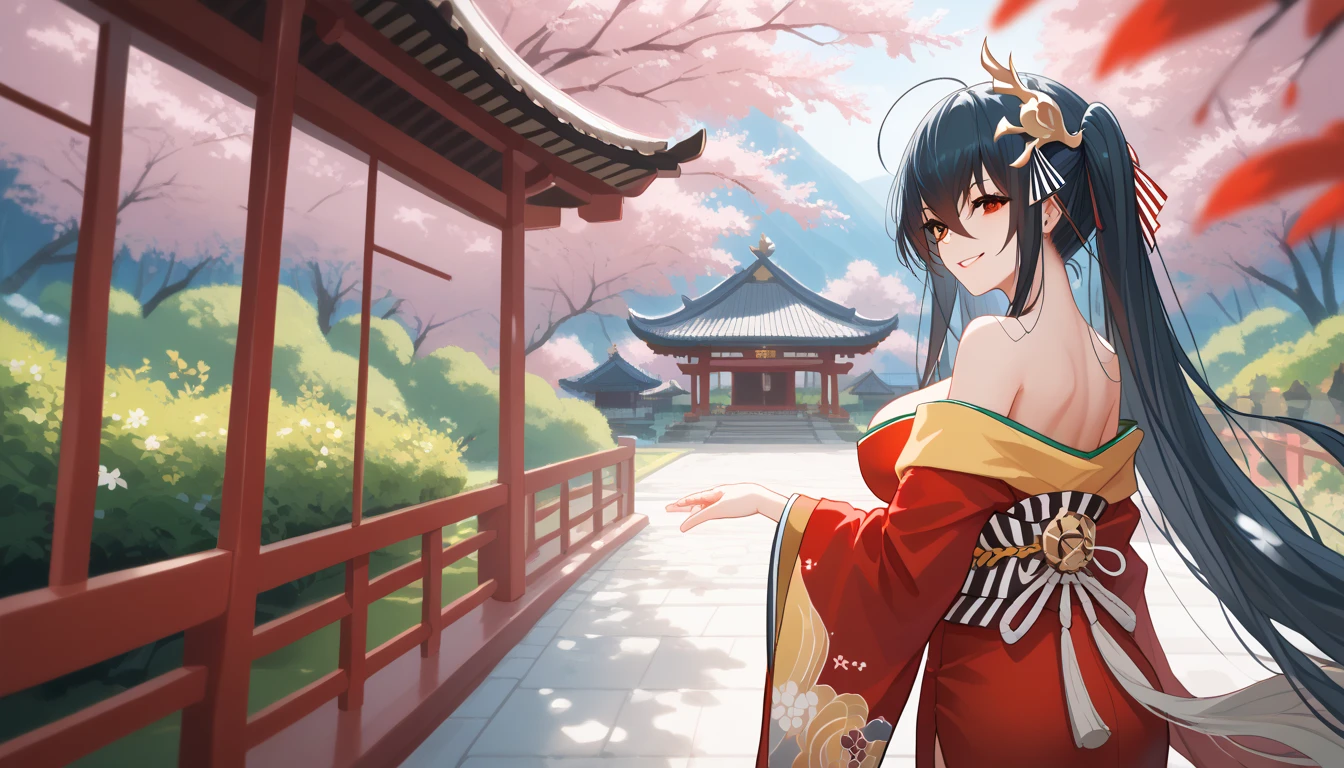 A woman wearing a red kimono with yellow details, long sleeves, shoulderless kimono, kimono with hood, big breasts, smiling, black hair, long hair, red eyes, smiling, in a Japanese garden with a wide view of a lawn, and a long river at the bottom, a place during the day. (Azur_lane, IJN_Taihou.)UHD , prime work , accurate , anatomically correct , textured skin , super details , high quality , best quality, 8k, high resolution, bokeh effect, close_view.
