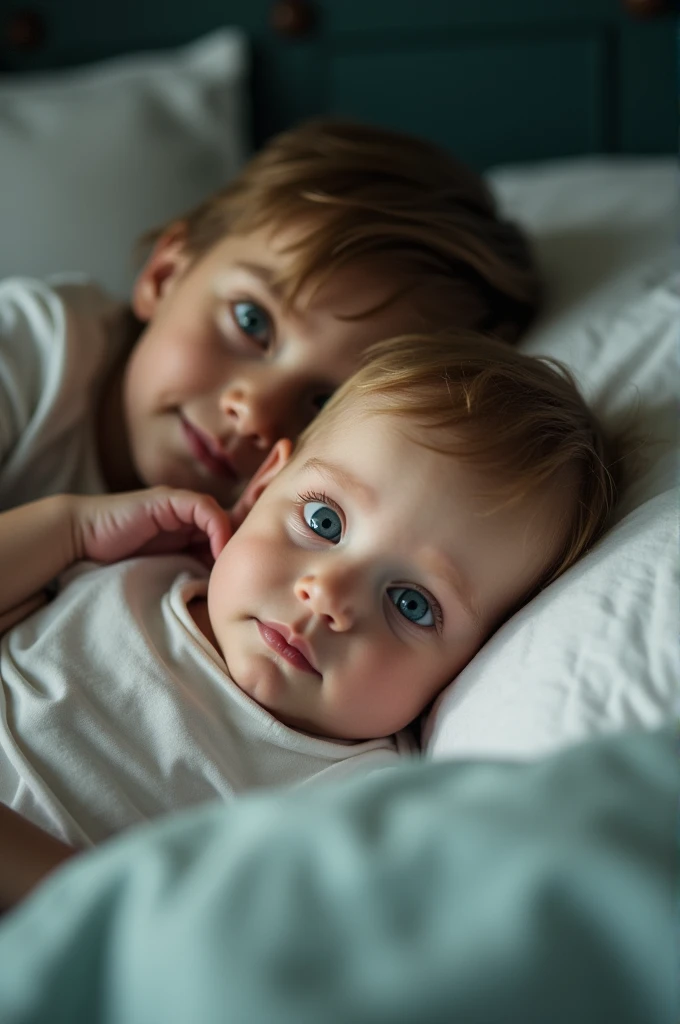 4-year-old boy with blue eyes and blonde hair holding a 4-month-old baby 