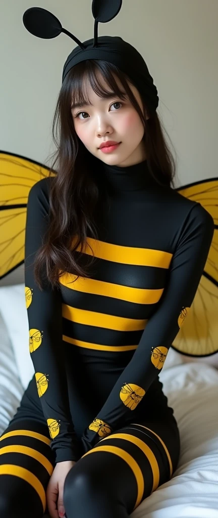 Flower Field、Bee Costume、Black and yellow horizontal stripes、Transparent wings on the back、Tactile sensations on the head、smile、young、female、cute、Large Breasts、Thighs、8K、High resolution、Realistic details、Natural light reflection、Photorealistic、Photo quality