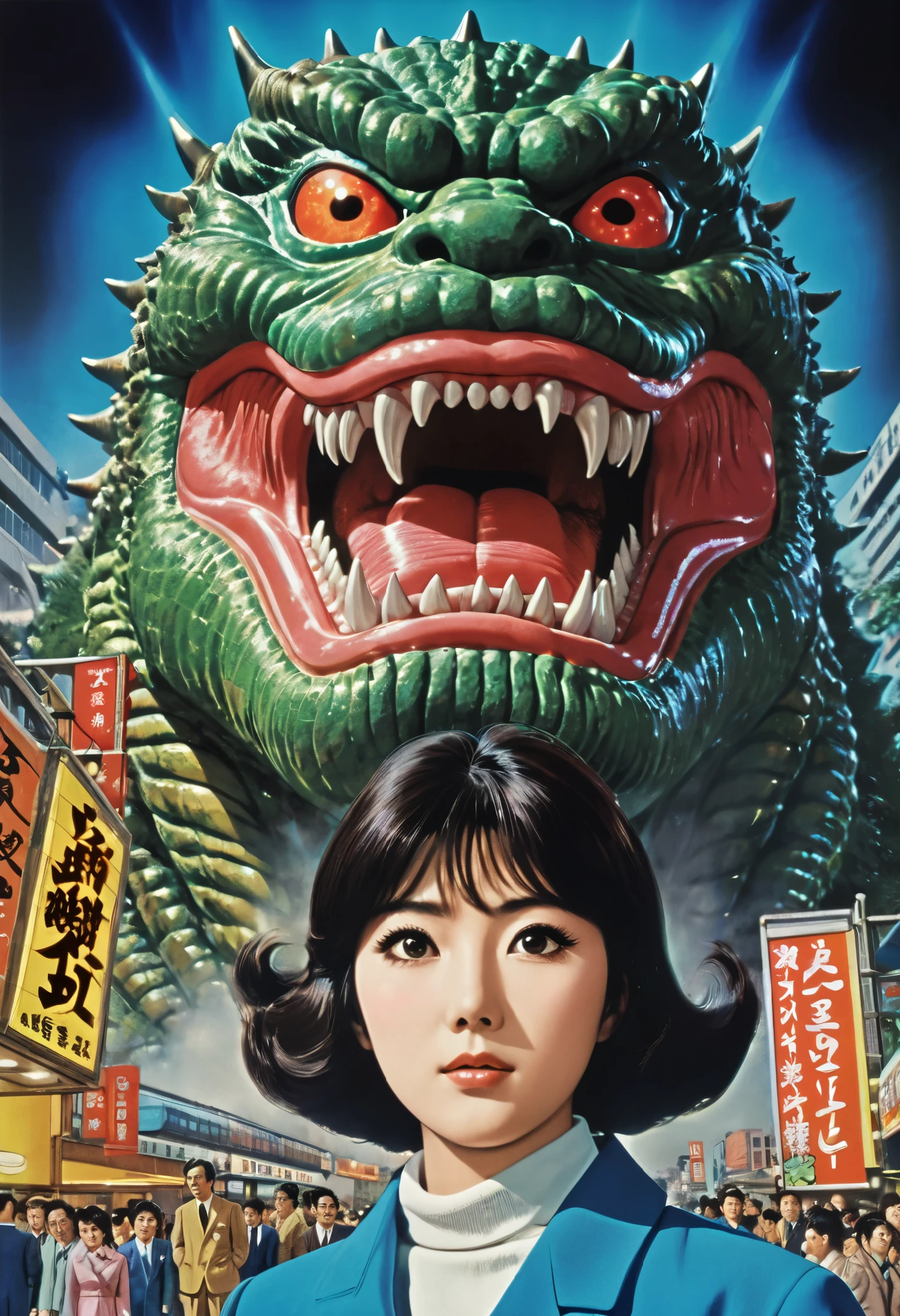  Manga characters,    1970's comic art   ,    1970's Japanese TV    show monster, detailed    Digital Paint,    bright color,    dynamic composition   , Dramatic lighting,    vintage aesthetics      , ( top quality,4K,8k,     high definition   ,masterpiece:1.2),  {{more}} ,(   realistic   ,photo   realistic   ,photo-   realistic   :1.37),   Extremely Detailed Eyes and Faces  ,   has long eyelashes,  Beautifully Drawn   ,   dynamic composition   ,Dramatic lighting,   bright color,   retro anime style poster 、  retro futuristic   ,1960s anime   ,   1970's Japanese TV   ,  Tosbraya Productions ,    Godzilla  ,  SFX Transformation Hero  , Manga art,   Digital Paint