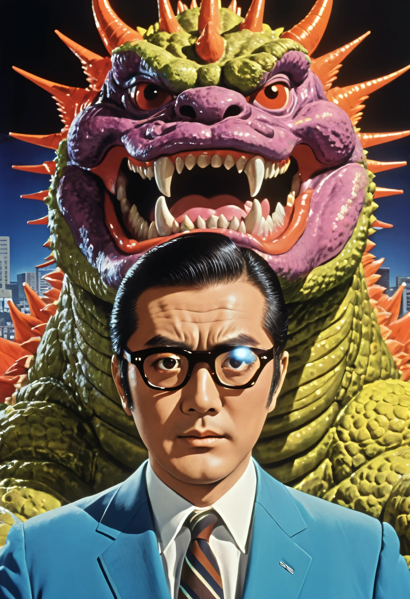  Manga characters,    1970's comic art   ,    1970's Japanese TV    show monster, detailed    Digital Paint,    bright color,    dynamic composition   , Dramatic lighting,    vintage aesthetics      , ( top quality,4K,8k,     high definition   ,masterpiece:1.2),  {{more}} ,(   realistic   ,photo   realistic   ,photo-   realistic   :1.37),   Extremely Detailed Eyes and Faces  ,   has long eyelashes,  Beautifully Drawn   ,   dynamic composition   ,Dramatic lighting,   bright color,   retro anime style poster 、  retro futuristic   ,1960s anime   ,   1970's Japanese TV   ,  Tosbraya Productions ,    Godzilla  ,  SFX transformation hero  , Manga art,   Digital Paint