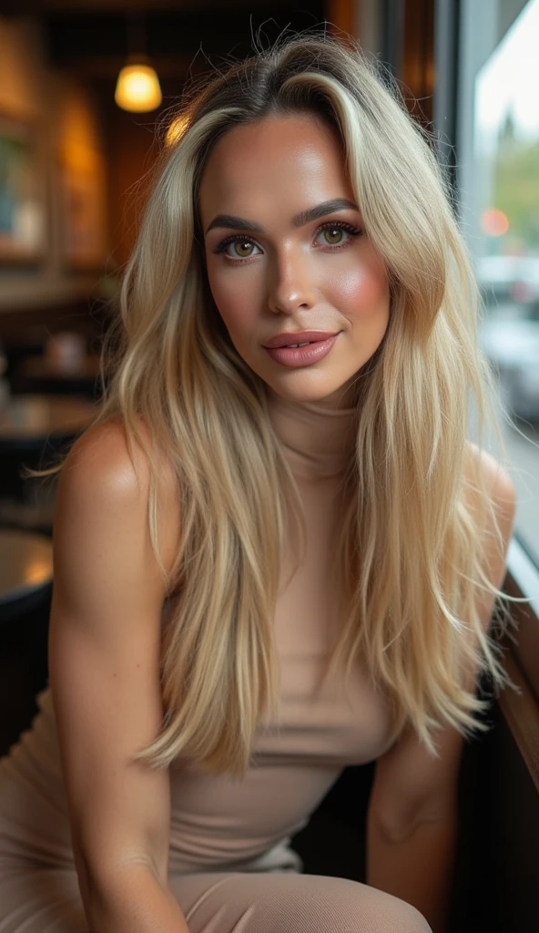 beautiful detailed photograph, blonde hair cascading over her shoulders, wearing a turtleneck dress, standing in cafe looking at the viewer, smile