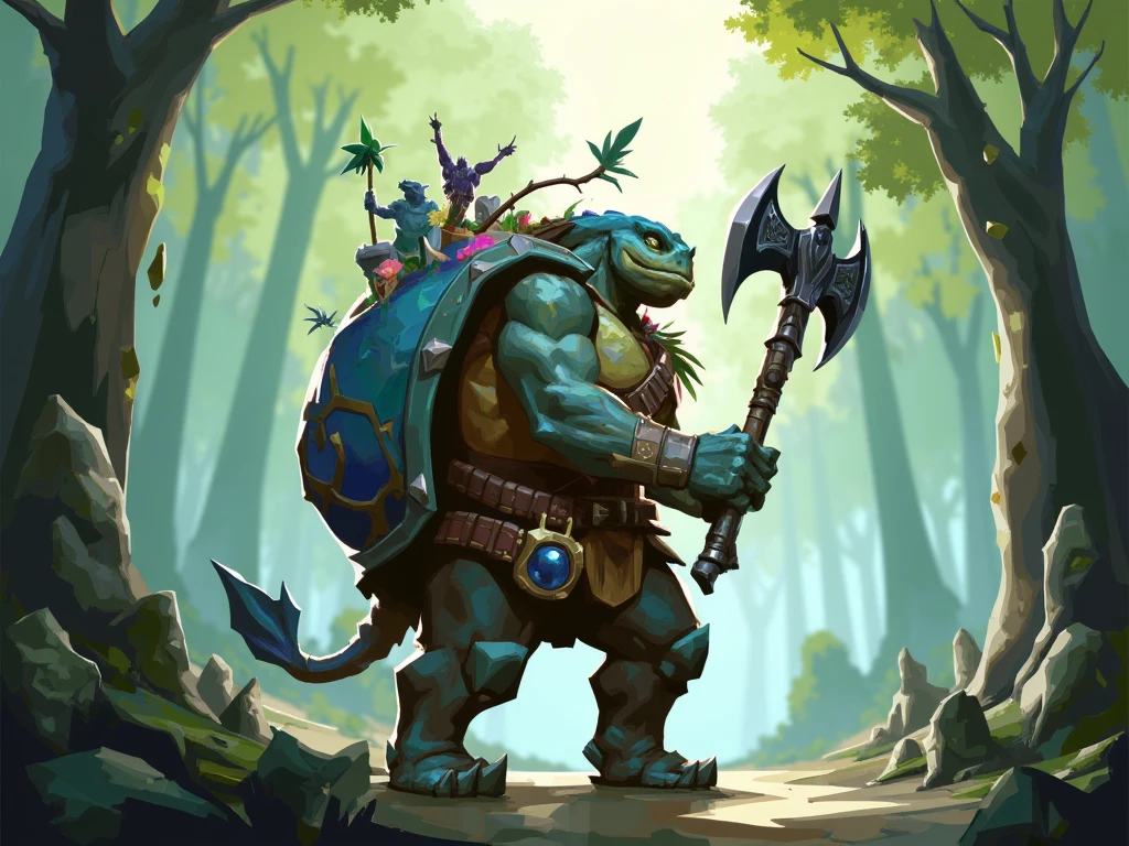   valiant style  ,  stylized digital illustration ,  An anthropomorph turtle with a large decorated shell, barbarian warrior ,  muscular turtle , walks on two legs,   shell filled with various objects , back bag,  sticks out of the musk with a club ,  holding a large two-handed ax with a shoulder rest,   Tall trees in the background ,  moss-covered stones , soft ethereal light ,  penetrating through the forest canopy ,  magical and serene atmosphere ,