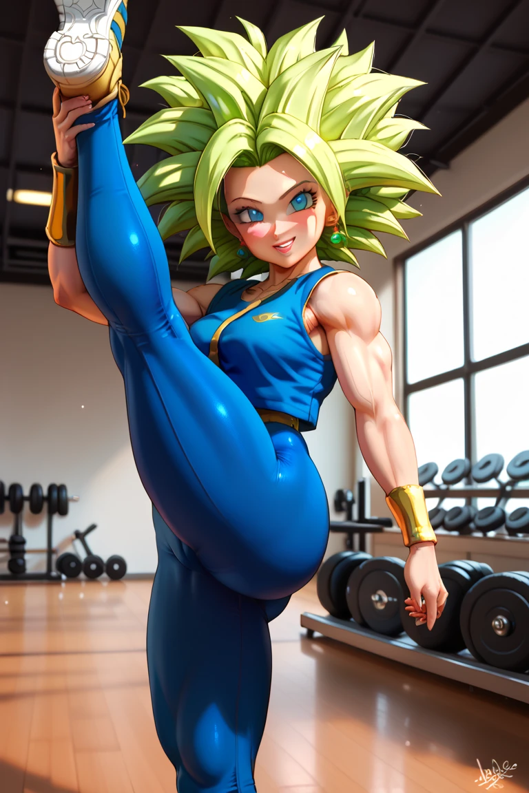 (Black line work )),  detailed line work ,  slender abs, (( Masterpiece)), ((Golden ratio)), ((dynamic)), ((natural)) ((La  Best Quality )), (( ultra detailed )), ((kefla dragon ball super)), {1 woman}, { neon green hair }, { super saiyan style}, { Dragon Ball Super character style}, ojos azules, green earrings {{sexy}},  big breasts , Big legs,  huge ass , {{ Perfect anatomy }}, ( Masterpiece,  Best Quality :1.4), ( standing on one leg :1.2), (standing split:1.3), 1 girl, Alone, sfa chun, blue vest, Unitard,  blue pants , skin-tight, yellow ribbon,  short hair, sneakers,  bare shoulders ,  looking at viewer , beautiful smile,  beautiful face,  very detailed face ,  highly detailed eyes ,  Subsurface dispersion, realistic pupils,  blush all over the face ,  full lips,  detailed background , depth of field,  Volumetric lighting,   sharp focus,  Abdominals urdres,  realistic proportions , 16k HDR, fullbody, Hand holding a leg up, street fighter, muscular,  Abdominals , flexible, gym, [tonificado, muscular legs,  Detailed legs,  detailed body
