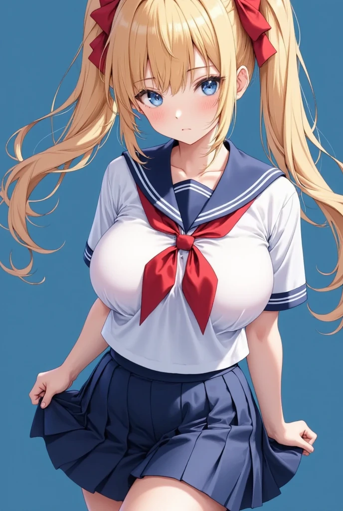 highest quality, masterpiece, High resolution, 8k, 超A high resolution, clarity, Clear drawings,  , beautiful girl, Big Breasts, Showing nipples, Embarrassing, blush, Twin tails, Blonde、ergarteners、Slim figure、 Female organ, Red ribbon、Checkered pleated mini skirt, A thin orange sailor collar that lets your nipples show through, Knee-high socks, Arms restrained behind the back, Place your arms behind your back,Arms restrained behind the back, Hands are hidden, Covered in semen, In the middle of the road