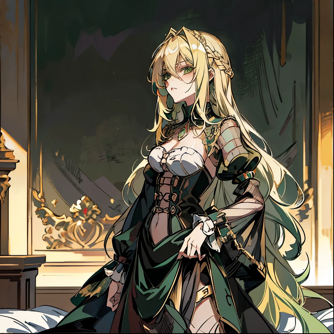 German upper class,tomboy,glamorous,Naughty,cool,young lady, (((Blonde intake,long hair))),((Green Mesh hair)),emerald eyes.tsurime,1939s,in the Luxurious bed room, (((anime style))),,messy hair,Ladylike and elegant,standing,