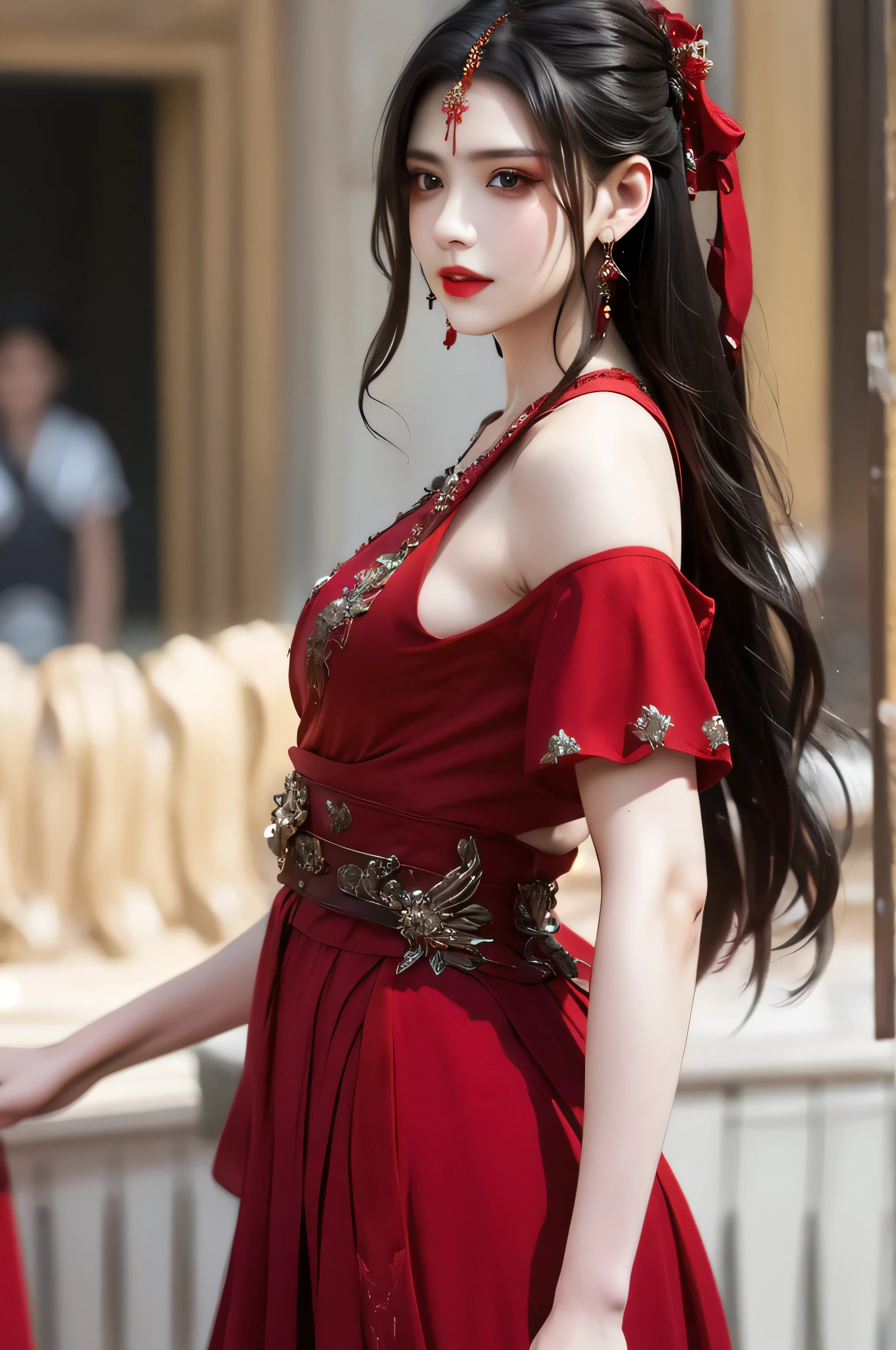 best quality, masterpiece, highres, official art, extremely detailed cg unity 8k wallpaper, jiapliqiao, 1girl, long hair, 1girl, jewelry, solo, earrings, red lips, hair ornament, makeup, realistic, red dress, necklace, (((full body))), ((evil sinister smile)), ((dancing)), her back is to the audience, looking down at the audience