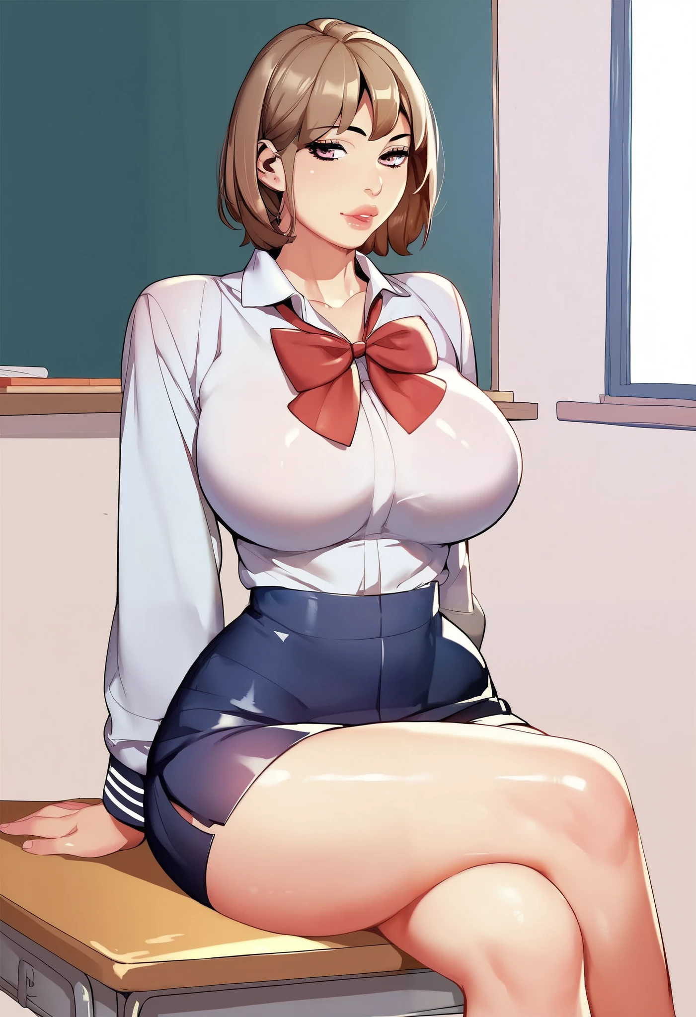 score_9, score_8_up, score_7_up, score_6_up, 1girl, big breast, wide hips, school uniform, mini skirt, short hair, brown hair, school, sitting on desk, crossed legs, manhwaaxl, lips,