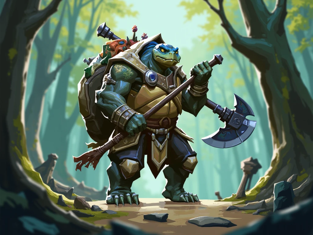   valiant style  ,  stylized digital illustration ,  An anthropomorph turtle with a large decorated shell, barbarian warrior ,  muscular turtle , walks on two legs,   shell filled with various objects , back bag,  sticks out of the musk with a club ,  holding a large two-handed ax with a shoulder rest,   Tall trees in the background ,  moss-covered stones , soft ethereal light ,  penetrating through the forest canopy ,  magical and serene atmosphere , 