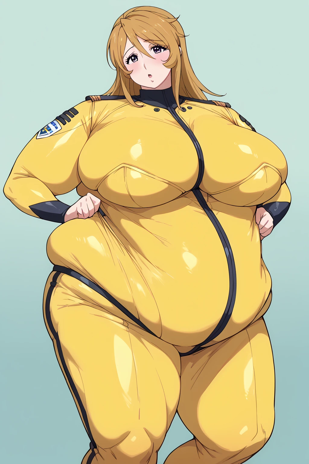 Yuki Mori,yuki mori,  yellow bodysuit、 score_9,  score_8_up、 score_7_up、 score_6_up、 score_5_up、 score_4_up、 Masterpiece、 top quality,wen/anime anime screencap,  one woman、Alone、 personal 、Super huge breasts, ((( super huge clevis, Super huge, Super huge boob))), Curvy、  chubby 、Mature Woman, obese body type,blush、Shy woman、 king bang 