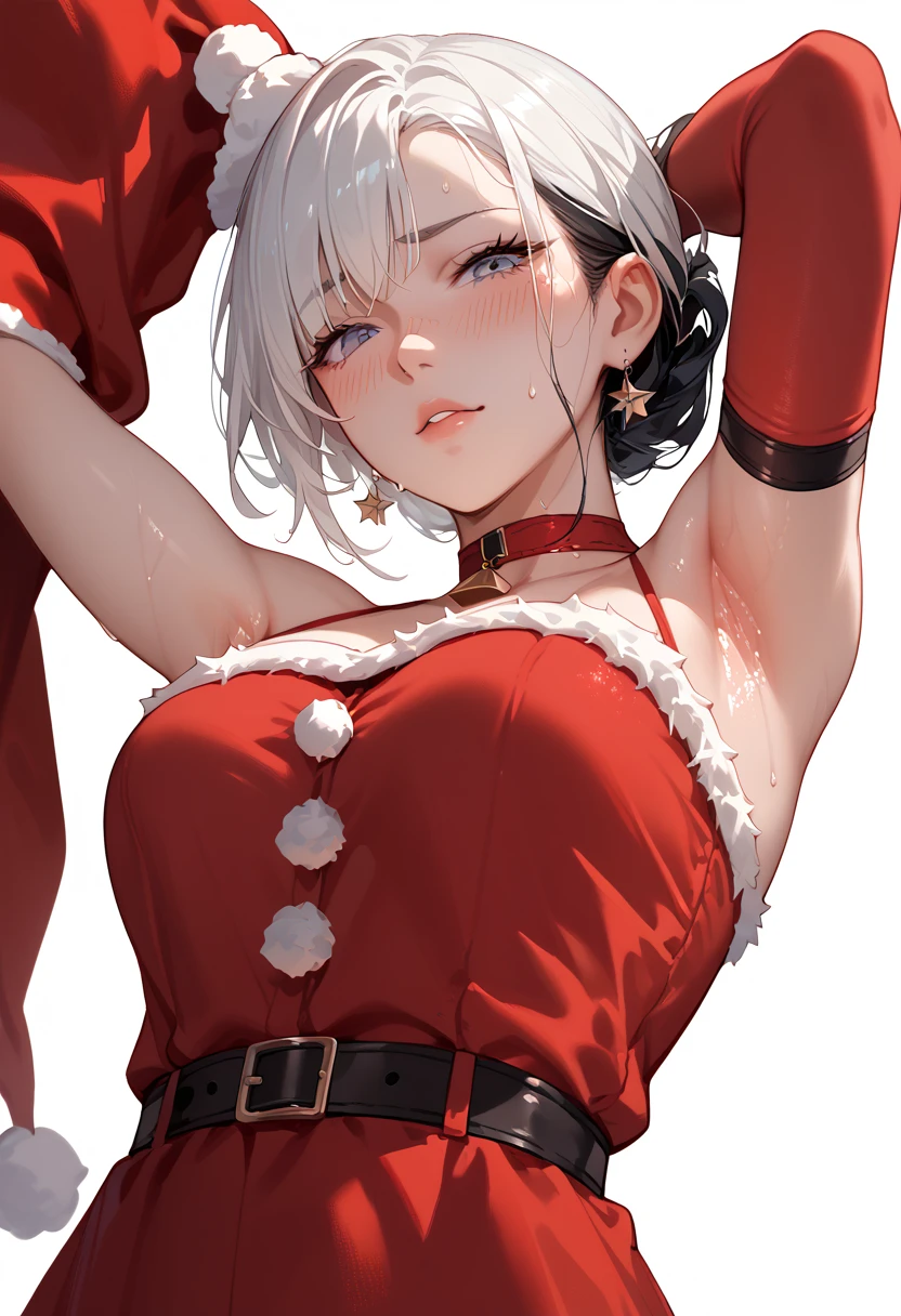 10 years old、Flat Chest、Gray Hair、Short Ponytail、Raise your arms、Santa Cosplay、Shoulder、Black underwear、
