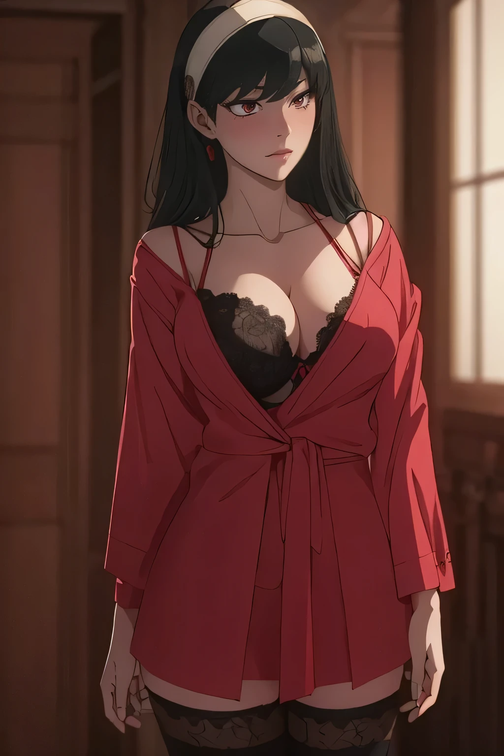 masterpiece, absurdres, yor briar, 1girl, solo,mature female, sexy black detailed lenjerie (black bra and black thong exposed), showing bra, looking at viewelling petals), white headband, opening her shirt, opening her robe, wearing a skirt, lifting skirt, perfect composition, detailed lips, perfect breast, beautiful face, body propotion, blush, (perfect lips), perfect hair, red eyes, soft gaze, detailed, photoshoot, realistic face and body, purple thighhighs, sexy standing pose