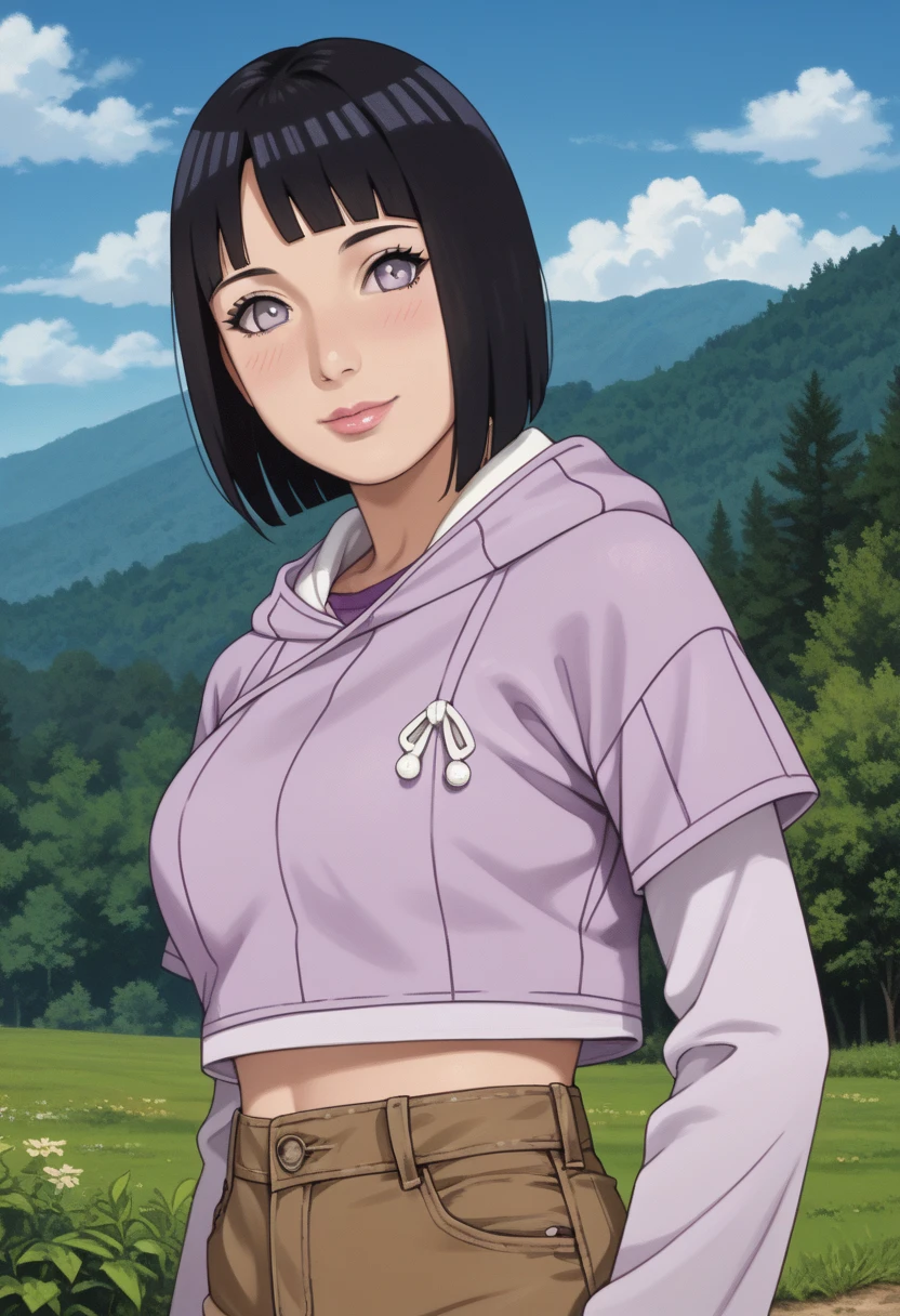 partemestre, absurdities, Hinata\(boruto\), 1 girl, Alone, mature woman, purple hood, layered sleeves, brown jeans, outdoors, cloudy sky, Perfect composition, circumstantial lips, big breasts, pretty face, Body Proportion, blushing, (pink lips), short black hair (BLACK HAIR), lilac eyes, smooth appearance, super realistic, circumstantial, photoshoot, realistic face and body, realistic hair, realistic eyes, realistic nose, realistic lips, brown jeans, animated, dancing lightly. on her back, with chin under her shoulder, looking back sensually, sexy smile, closed mouth. different pose, sexy.