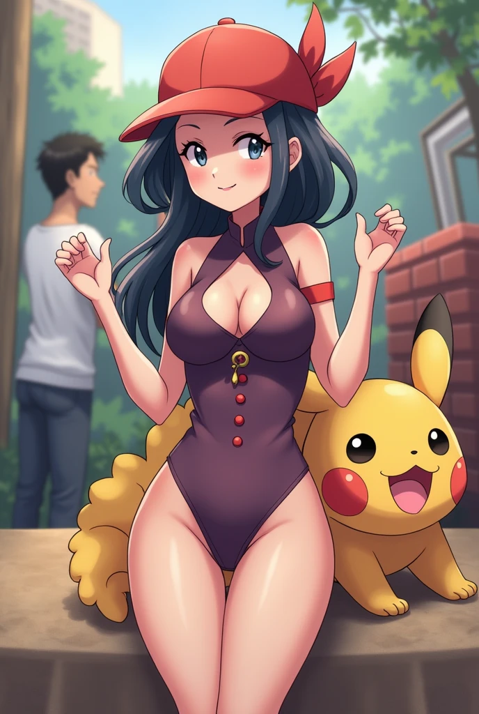 (masterpiece), perfect face, expressive eyes, beautiful makeup, voluptuous woman, toned physique, pale white skin, black long hair, red shining eyes, Sabrina Saffron City Gym Leader Pokémon series, red leather jacket, black tank top, red leather skirt, gothic style, Gengar Tattoo on arm, holding a pokeball, sultry, sitting, bench, park, night, smiling, cute, adorable, ((surrounded by Gengar, Haunter and Ghastly)), Pokémon Gym Leader, sexy pose,