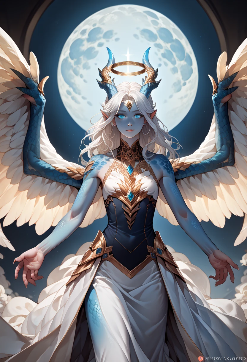 1girl, highly detailed, glowing blue eyes, wavy short white hair, ornate dress, masterpiece, pale blue scales, scales on face, angel wings, medium chest, dragon horns, slender clawed hands, under the moon
