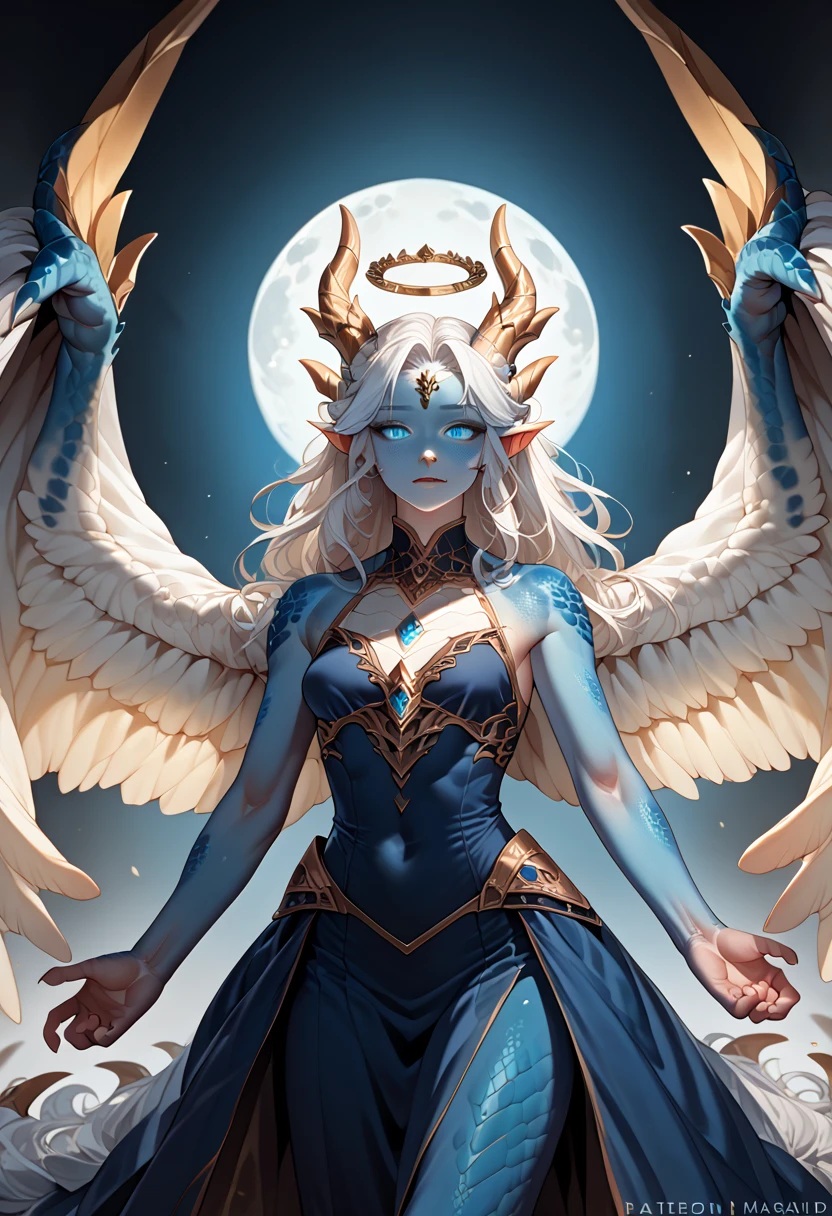 1girl, highly detailed, glowing blue eyes, wavy short white hair, ornate dress, masterpiece, pale blue scales, scales on face, angel wings, medium chest, dragon horns, slender clawed hands, under the moon
