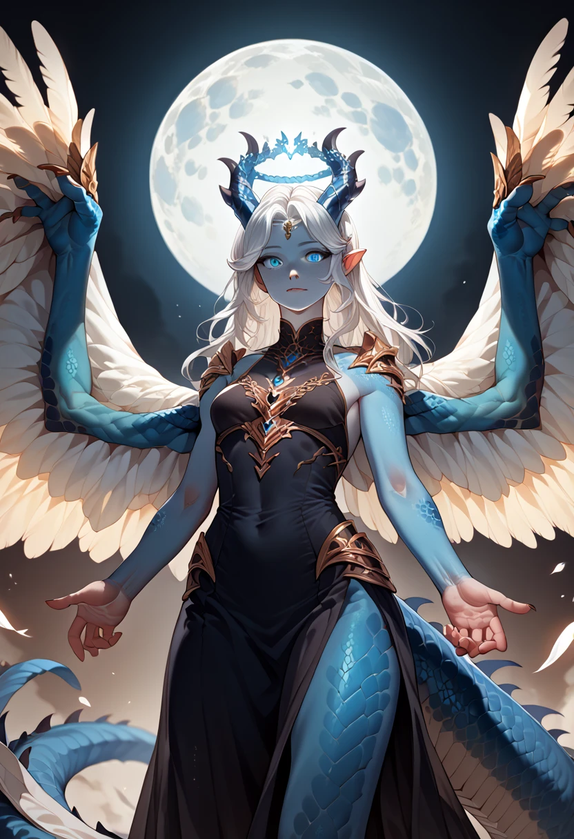 1girl, highly detailed, glowing blue eyes, wavy short white hair, ornate dress, masterpiece, pale blue scales, scales on face, angel wings, medium chest, dragon horns, slender clawed hands, under the moon
