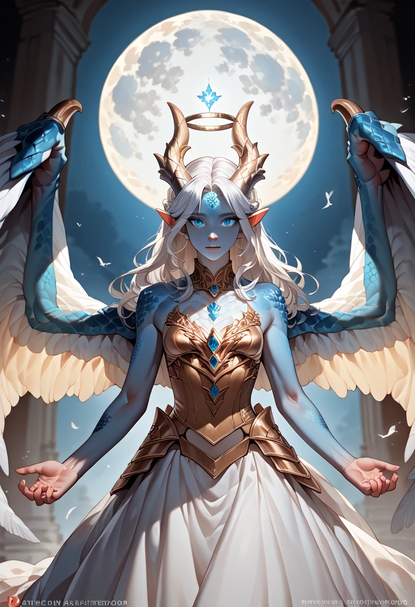 1girl, highly detailed, glowing blue eyes, wavy short white hair, ornate dress, masterpiece, pale blue scales, scales on face, angel wings, medium chest, dragon horns, slender clawed hands, under the moon
