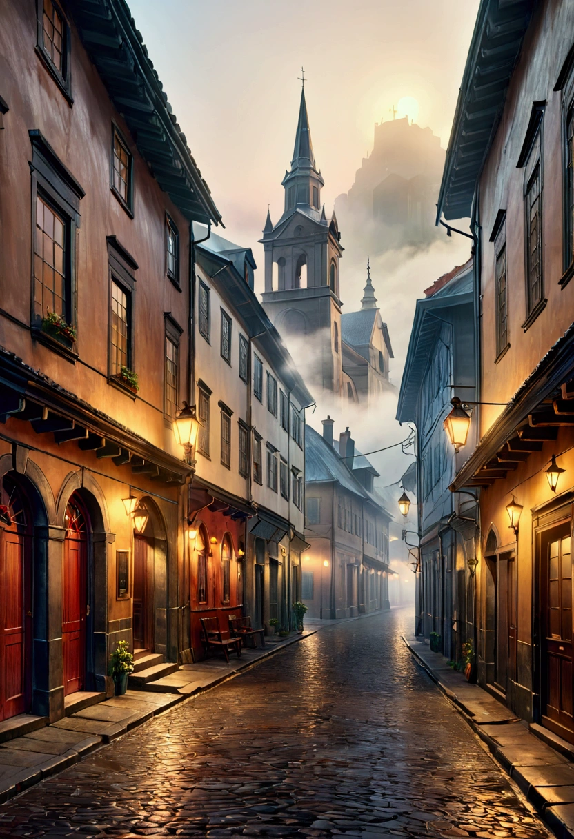 19th century old town is foggy and dark.