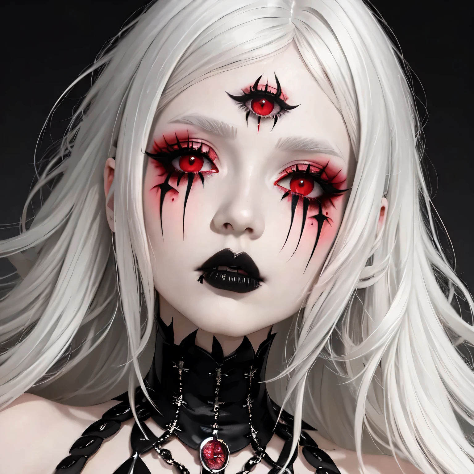 dark theme, horror theme, multiple_eyes, 1girl, long hair, parted lips, makeup, eyeliner, white hair, blood, eyeball, spiky choker, portrait, dark gray background, simple background, black lips, close up face, camera is positioned slightly upwards