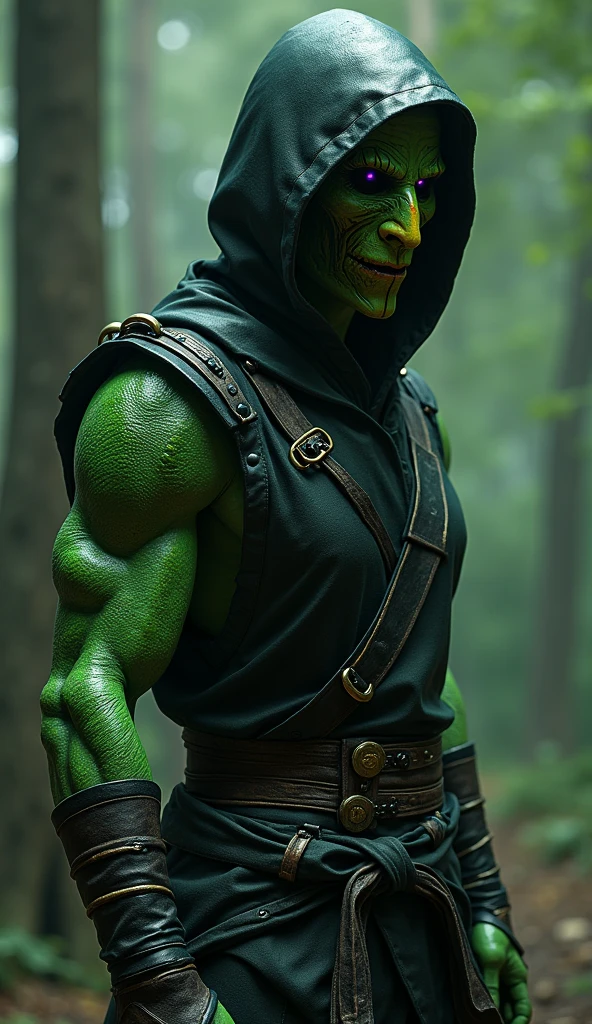 Fantasy Goblin, bald, greenish skin, Dressed in leather clothing, in office, natural lighting, Professional environment, Fantasy theme, Magical atmosphere, bright colours, hight resolution, Ultra-detailed, sharp-focus, Photorealistic. soft-lighting. full-length photo