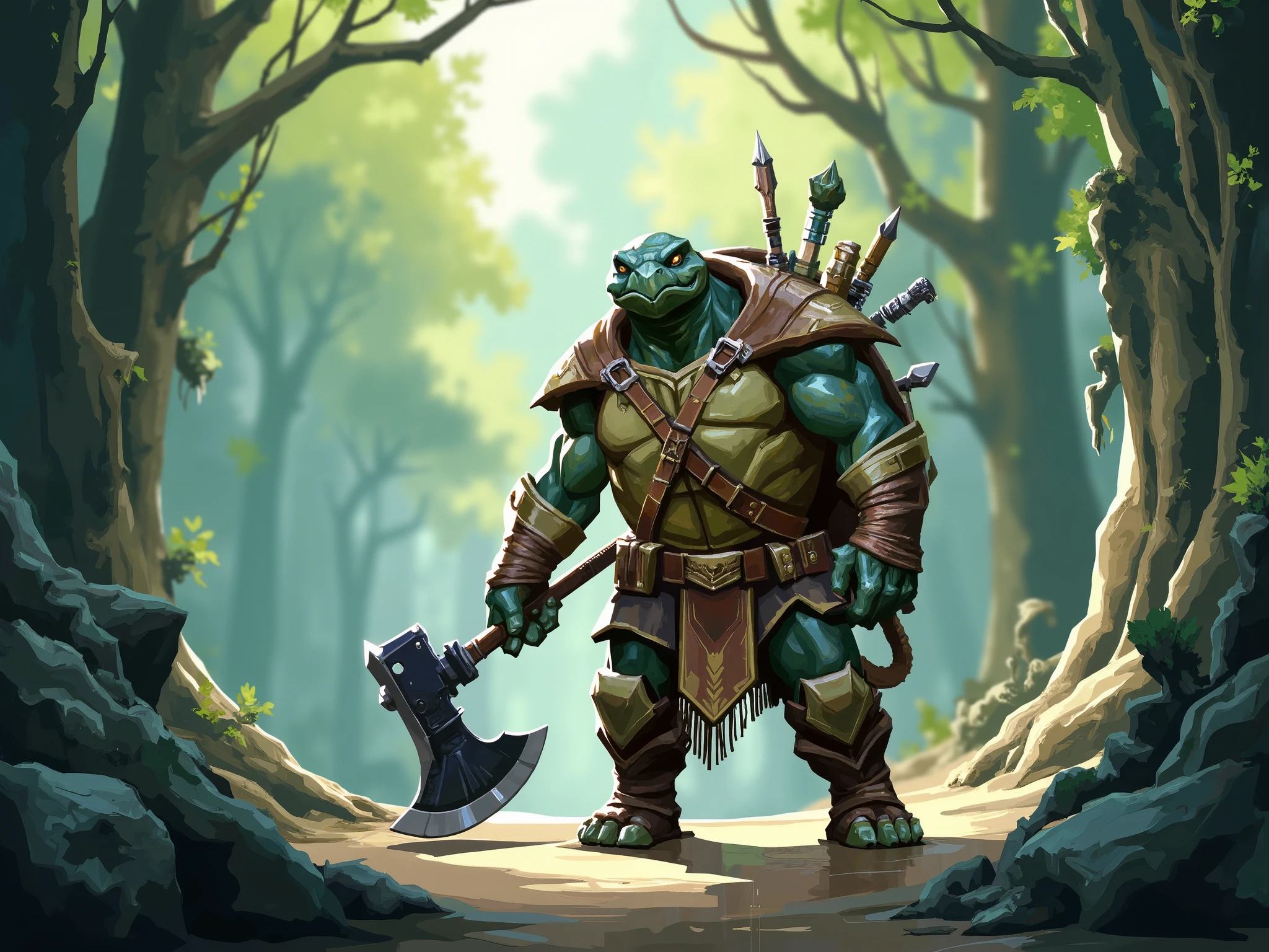   valiant style  ,  stylized digital illustration ,  An anthropomorph turtle with a large decorated shell, barbarian warrior ,  muscular turtle , walks on two legs,   shell filled with various objects , back bag,  sticks out of the musk with a club ,  holding a large two-handed ax with a shoulder rest,   Tall trees in the background ,  moss-covered stones , soft ethereal light ,  penetrating through the forest canopy ,  magical and serene atmosphere , 