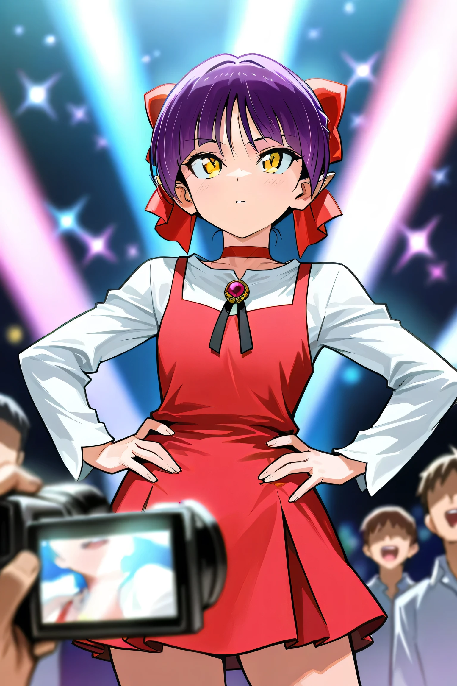 masterpiece, top quality,  top quality,  perfect skin,  Attention to Beautiful Details, detailed face ,Dynamic Lighting, One Girl , viewers of the pin, NMM1, Catgirl, Catgirl \(Gegege no Kitaro 6\),  One Girl , Purple Hair, yellow eyes, Alone,  Red Dress ,  Red Choker , hair ribbon,  pointed ears ,  short hair,  white shirt,  Long Sleeve ,  Red Ribbons , bangs, clavicle, brooch, gem,discovery,  focus on face ,  Focus on your audience,  camera ,   hands on hip ,  (( look up at viewers )), masterpiece