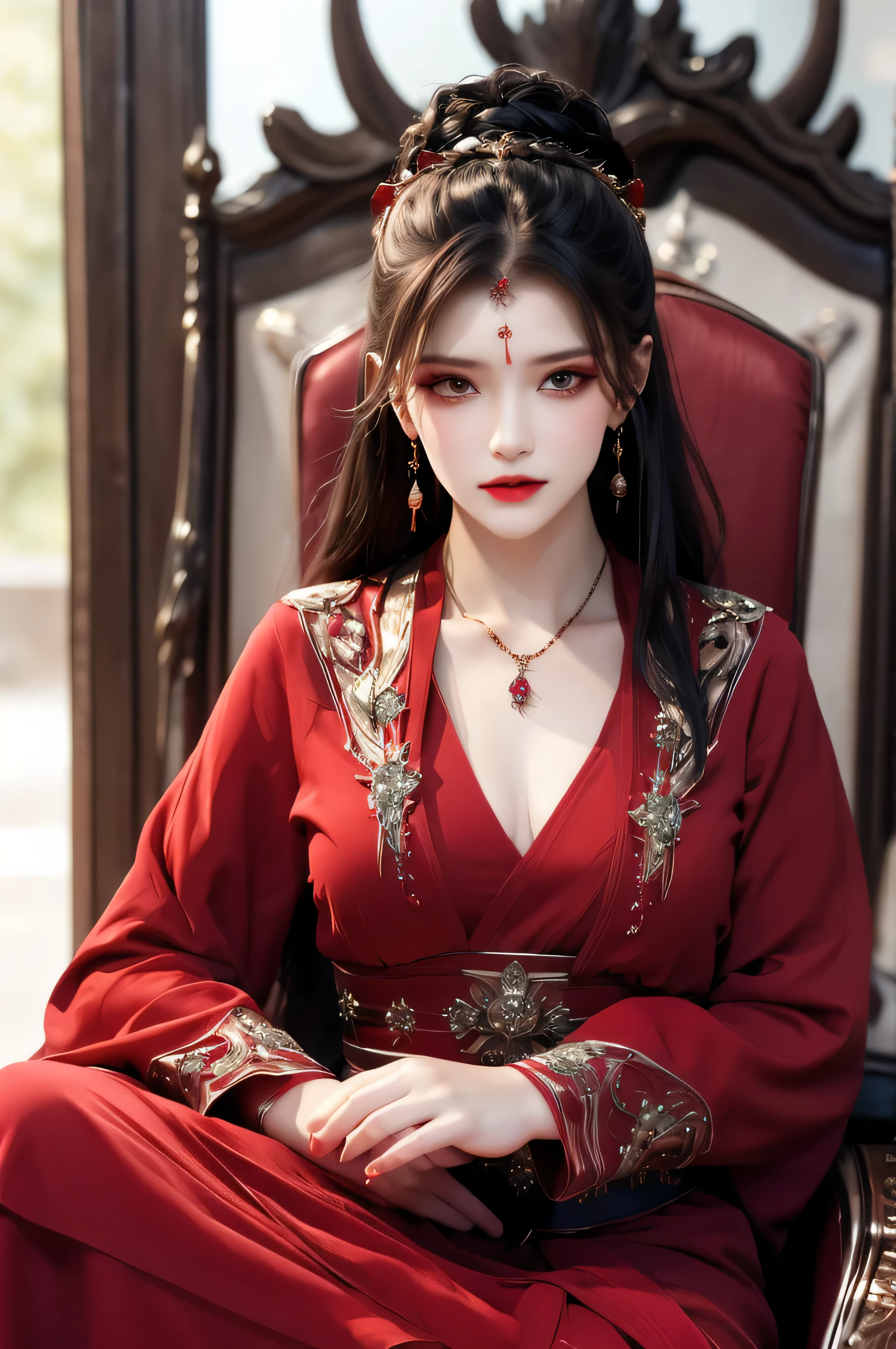 best quality, masterpiece, highres, official art, extremely detailed cg unity 8k wallpaper, jiapliqiao, 1girl, long hair, 1girl, jewelry, solo, earrings, red lips, hair ornament, makeup, realistic, red dress, necklace, (((full body))), ((evil sinister smile)), sitting in a big golden throne, provocatively looking at people