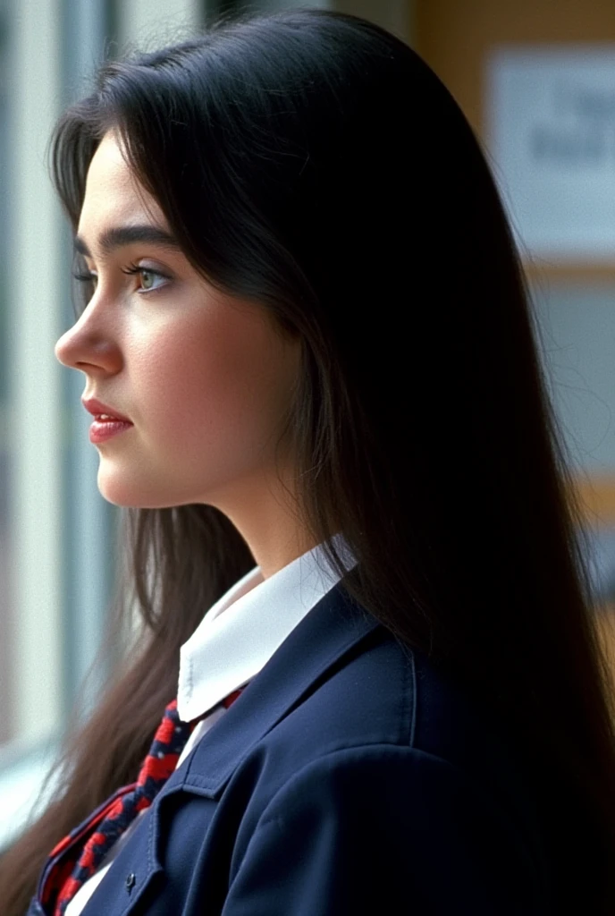 side view, a very lovely girl with long black hair, at age 15, she wears a dark blue tidy school uniform and white shirt with a vivid vow tie.,  no make up, the whiteness of her skin is accentuated., It highlights Jennifer Connelly's unique beautiful facial features., She in a bright room., bright natural light is illuminating on her face., high definition ,  Ultra Fine,  Textured Skin , masterpiece, 