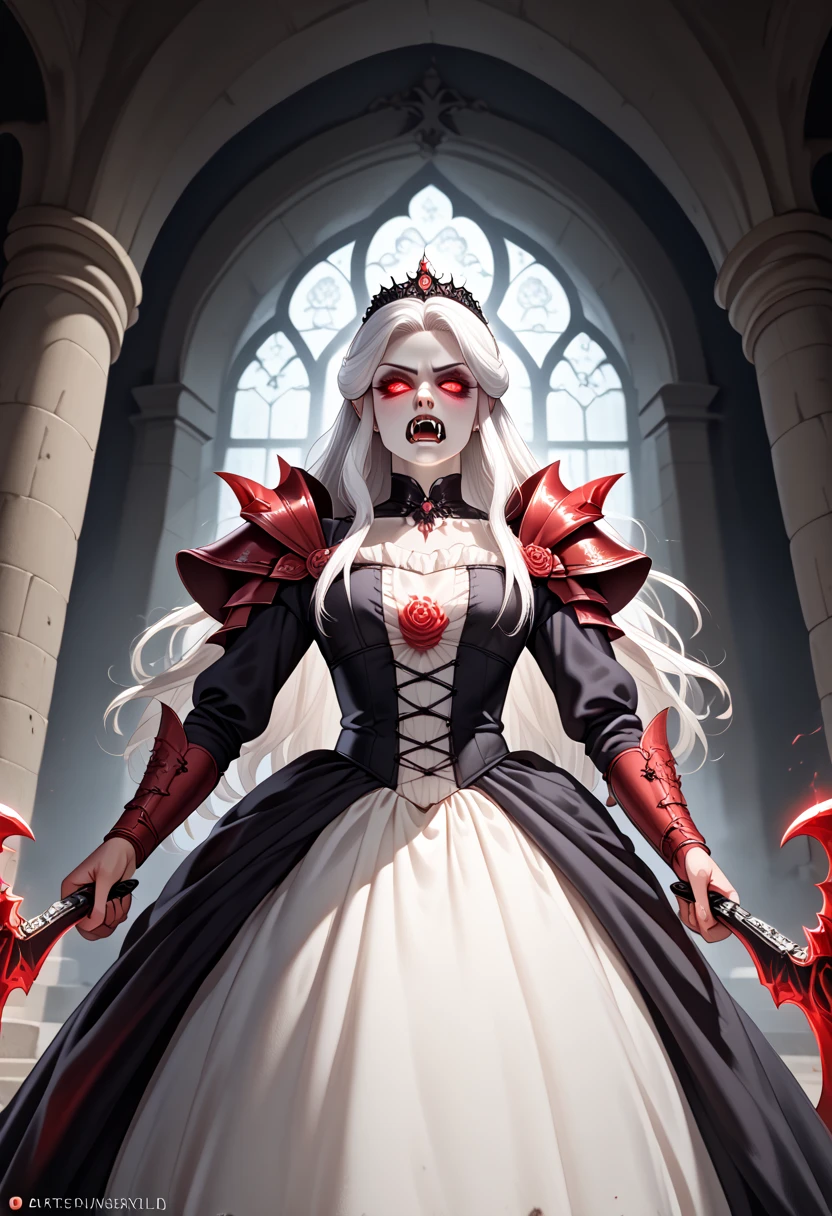 safe_Location, ( Intricate Details :1.0), ( Intricate Details , high detail:1.15),(Oily damp skin:1.3),( DRAMATIC LIGHT :1.4), Movie-like , very detailed , (Vampire queen), (Long white hair), ( red glowing eyes), (Pale skin), sexy outfit , Wearing blood stained leather clothing, (Victorian dress, Goth), (dark, 薄dark照明, darkness, Mood shot, Creepy feeling, dawn), , ( shows the whole body, Holding a red and black sickle:1.3), (Inside an intricately decorated demon castle, Bone carved into the wall, Intricate red work, incantation, magic , Fantasy ), (Spiky evil shoulder pads, Armor shoulder pads), (Large white fangs:1.4), (Big Scythe:1.3), Link Ibera , Sand 1 , ltctr, color + Light contour
