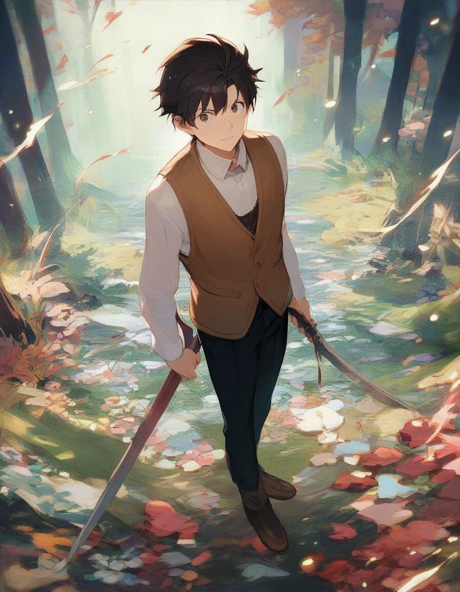 scoera_9, scoera_8_above, scoera_7_above, 1homem, era:Subaru \(era:Zero\),  brown hair ,  short hair, hair combed back , holding sword,  formal white shirt with collar , brown vest, black pants and shoes ,  dress and bloodstained swords, dark forest in the background,  light particles ,  movie grain , lens flaera,