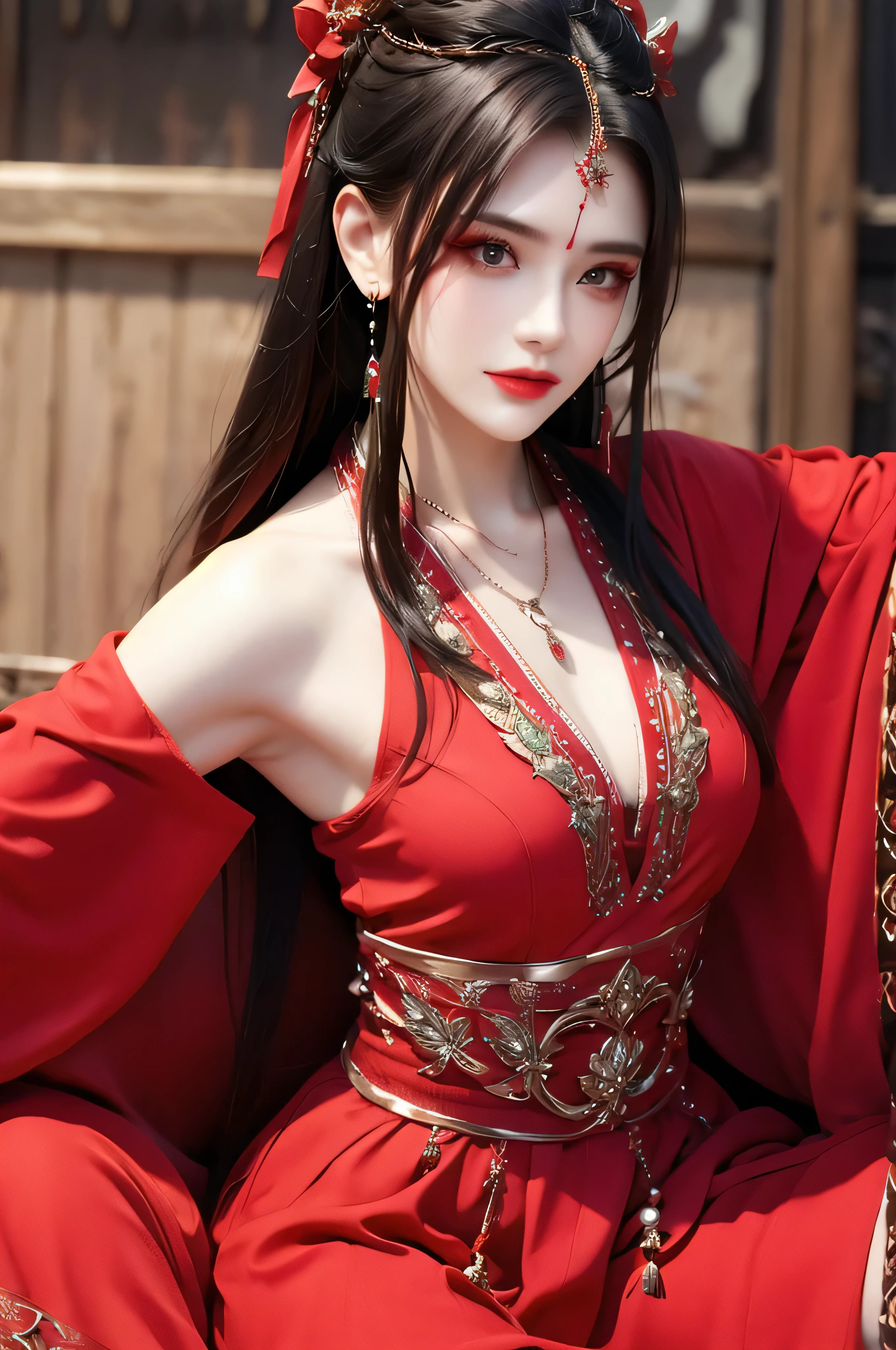 best quality, masterpiece, highres, official art, extremely detailed cg unity 8k wallpaper, jiapliqiao, 1girl, long hair, 1girl, jewelry, solo, earrings, red lips, hair ornament, makeup, realistic, red dress, necklace, (((full body))), ((evil sinister smile)), lazily sitting in a big golden throne, provocatively looking at people