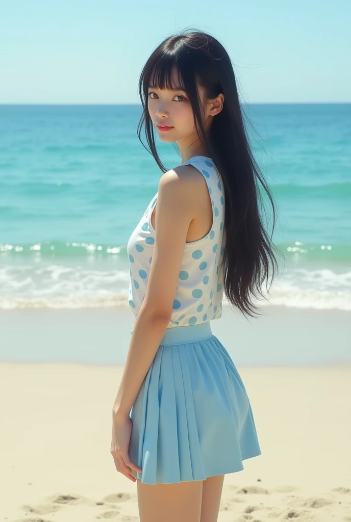 japanese idol 80s, 1girl, solo, looking at viewer, realistic, body to the waist, Extremely Realistic, perfect hands, high quality, white sleeveless blouse with light blue polka dot print, light blue mini skirt, long hair, black hair, near a sandy beach