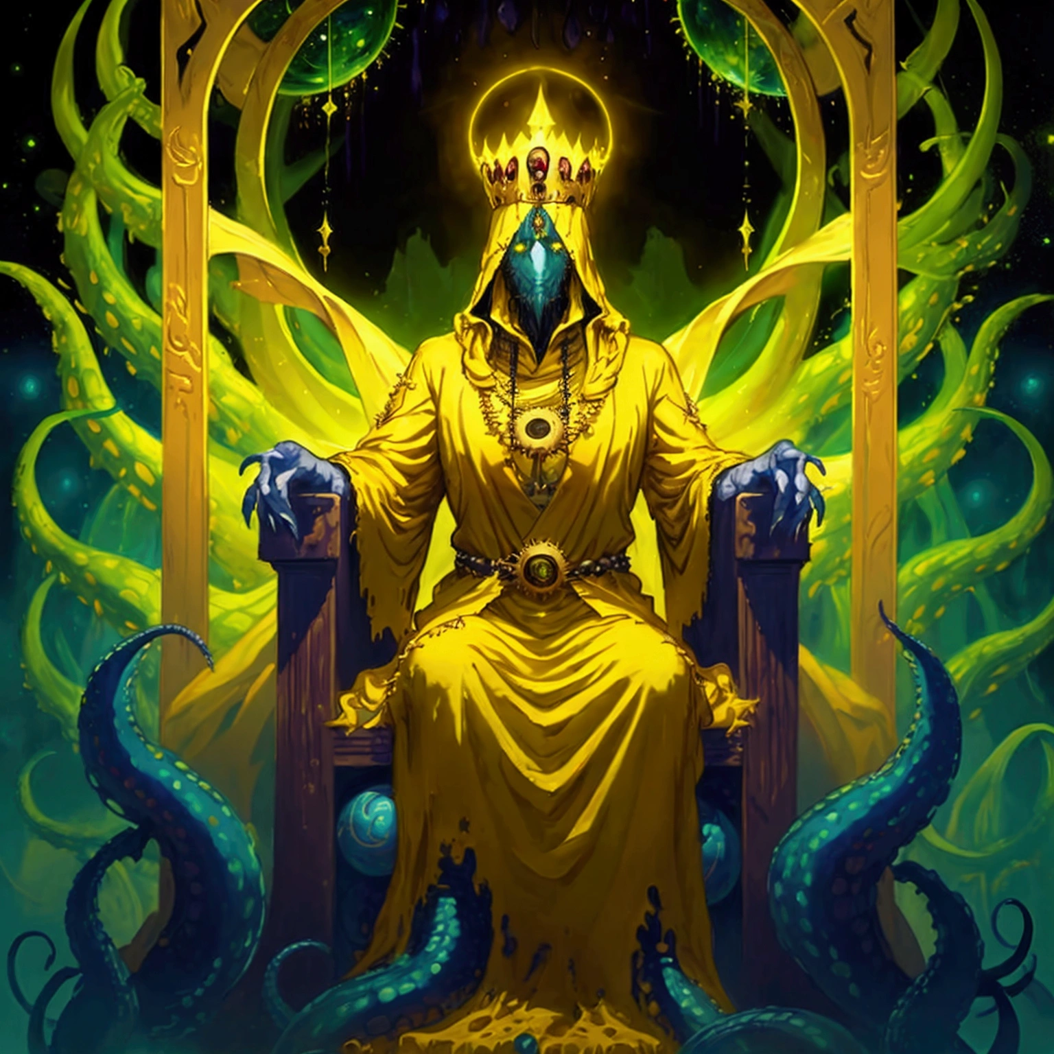 A painting of a man in a yellow robe sitting on a throne surrounded by tentacles, hastur the king in yellow, eldritch god,A painting of hastur the king in yellow, yellow-robed, beautiful male ,king in yellow, hastur the king in yellow, , portrait of hastur the king in yellow, the king in yellow,honoring hastur the king in yellow artwork, portrait of the god hastur,hastur,galactic deity, concept art of hastur the king in yellow, peter mohrbacher style,beautiful, masterpiece, best quality,  perfect lighting, , oil painting \(medium\), brush, \(theme\), cosmic, giant,scenery, landscape,
