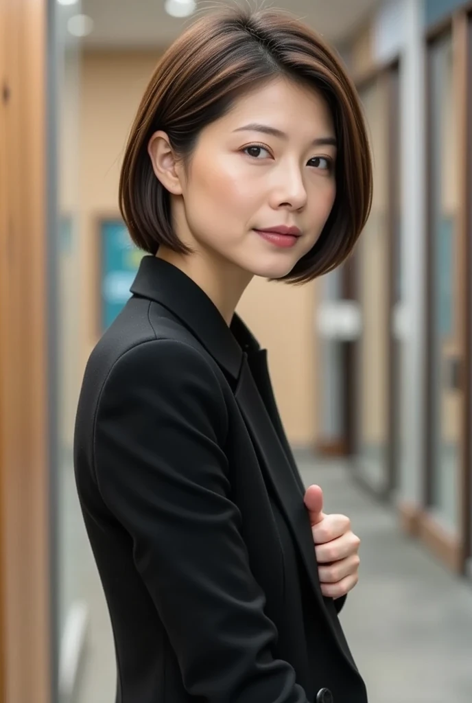  top quality, Genuine,  super detailed , Detailed pubic hair,  high definition , Plain background, 8k wallpaper,  one beautiful woman inside the aquarium building , Short Hair Details,  wearing a black suit, Lock focus,  perfect dynamic configuration ,  beautiful eyes ,  delicate hair here , Genuineな詳細な肌の質感, smile,  closeup 
