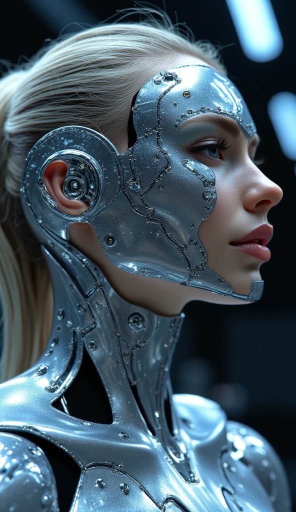 ((top-quality)), ((​masterpiece)), (detaileds:1.4), 3D, Beautiful Cyberpunk Woman Image,HDR(HighDynamicRange),Ray traching,NVIDIA RTX,Hyper-Resolution,Unreal 5,sub-surface Scattering,PBR Texturing,Postprocess,Anisotropy Filtering,depth of fields,Maximum clarity and sharpness,multi-layer texture,Albedo and specular maps,Surface Shading,Accurate simulation of light-material interactions,perfectly proportions,Octane Rendering,Two-tone lighting,Wide aperture,Low ISO,White Balance,thirds rule,8K RAW,Circuit Board AI,Silver Body、Metallic body