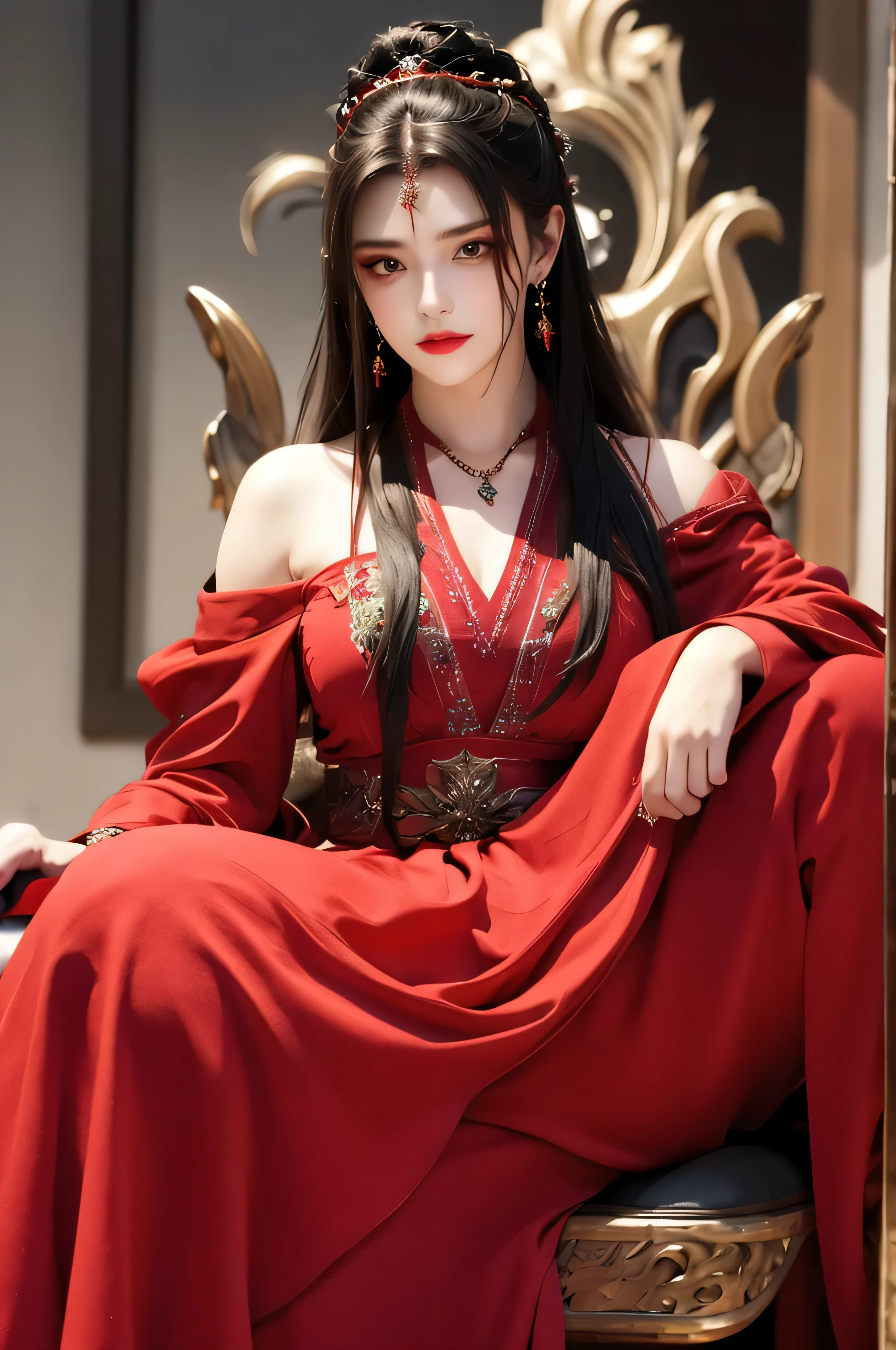 best quality, masterpiece, highres, official art, extremely detailed cg unity 8k wallpaper, jiapliqiao, 1girl, long hair, 1girl, jewelry, solo, earrings, red lips, hair ornament, makeup, realistic, red dress, necklace, (((full body))), ((evil sinister smile)), sitting in a big golden throne like a proud queen, provocatively looking at people