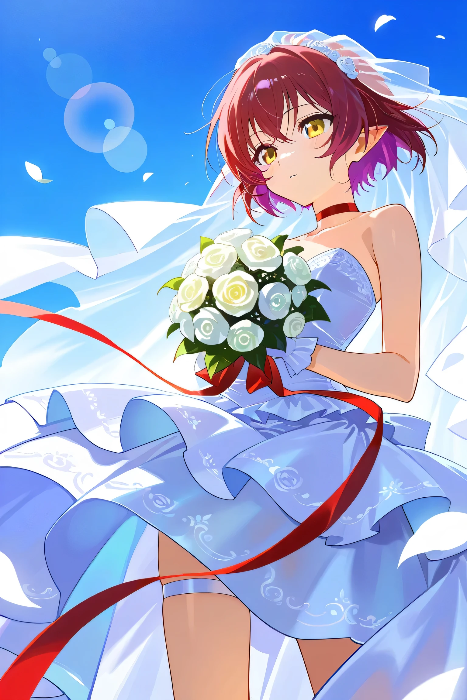   One Girl , Purple Hair, yellow eyes,  Red Choker , Big red hair ribbon,  pointed ears ,  short hair, slender, Very stylish "Catgirl"  flat chested,  small breasts,  top quality,  high definition ,  very detailed bust,  detailed background, Perfect lighting,  wedding dress, 白い wedding dress,  Long Skirt,  wedding style , Standing in the middle of a flower garden,  outdoor, Beautiful sky, Bouquet in hands,  show viewers, thigh straps,  tilting your head , wedding princess dress, light,  lens flare, White petals