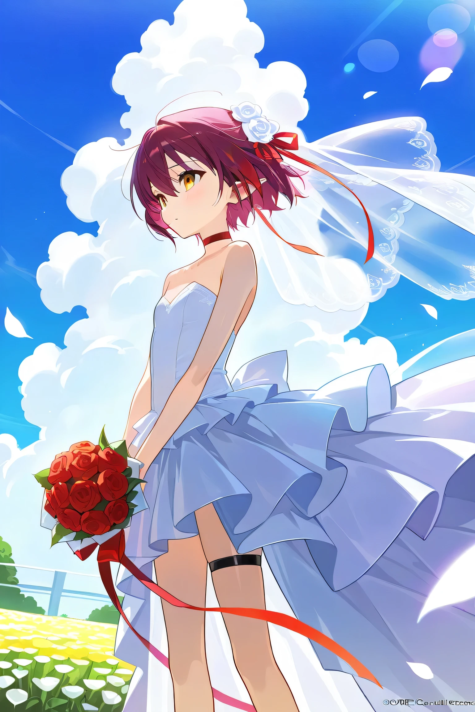   One Girl , Purple Hair, yellow eyes,  Red Choker , Big red hair ribbon,  pointed ears ,  short hair, slender, Very stylish "Catgirl"  flat chested,  small breasts,  top quality,  high definition ,  very detailed bust,  detailed background, Perfect lighting,  wedding dress, 白い wedding dress,  Long Skirt,  wedding style , Standing in the middle of a flower garden,  outdoor, Beautiful sky, Bouquet in hands,  show viewers, thigh straps,  tilting your head , wedding princess dress, light,  lens flare, White petals