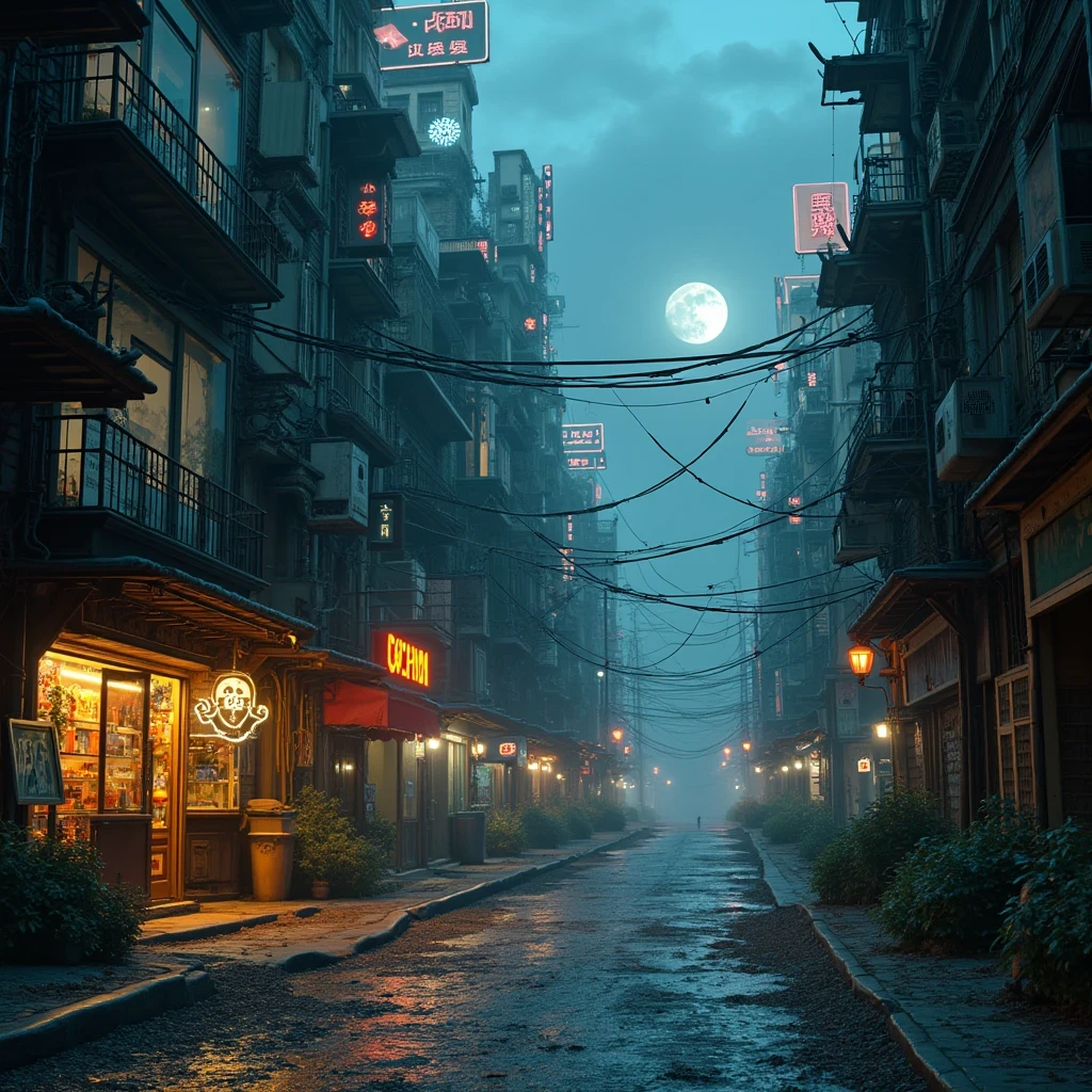 Cyberpunk city from sci-fi movie, empty street, night, chinoiserie buildings, old shop, irregular, circuit boards, wires, intricate, super detailed, realistic, hyper realistic, high quality, best, super detailed, crazy Detail, Very Detailed, Photorealistic, Epic Composition, Best Quality, 32k --v 6