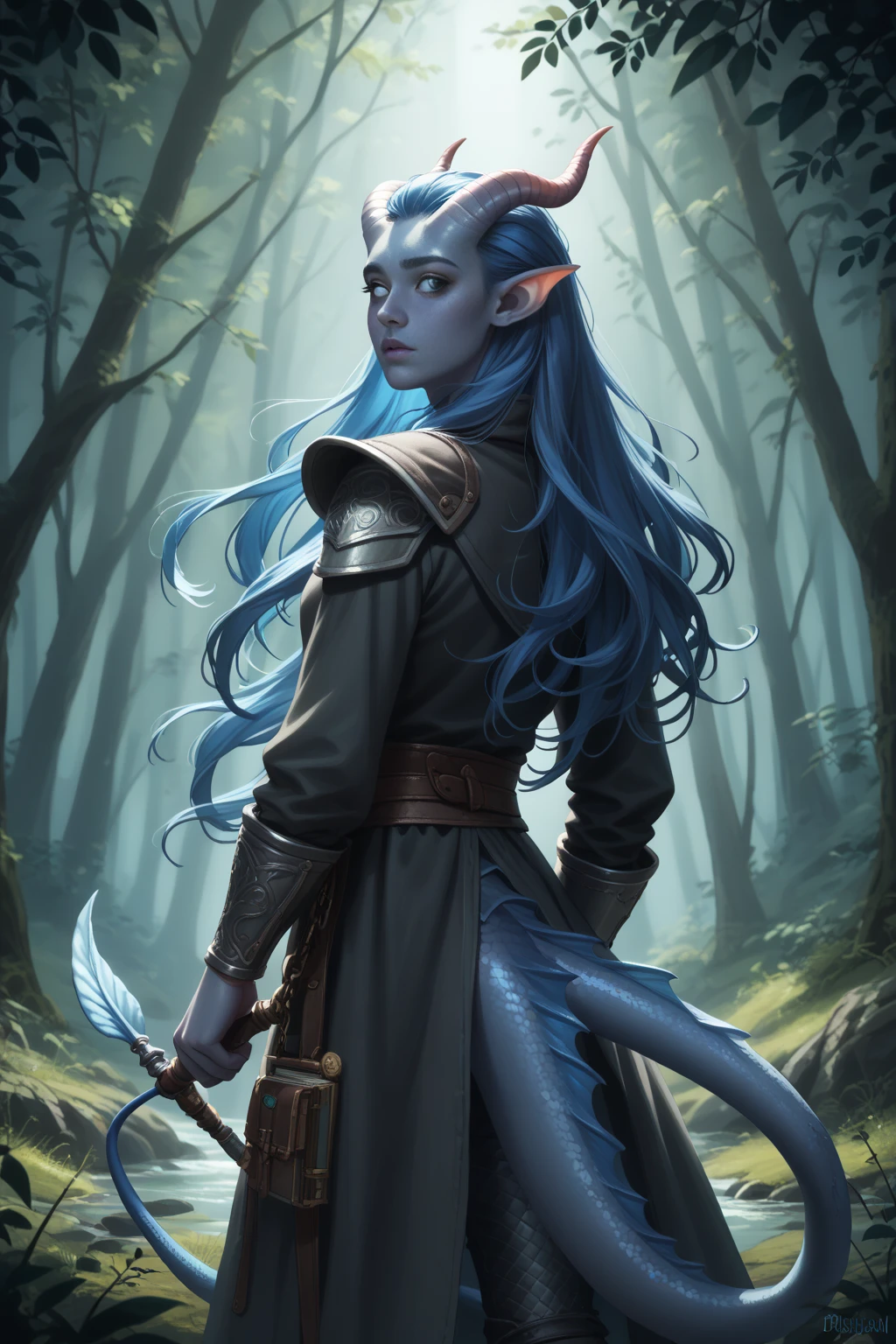 ( A sprawling cedar is growing ), ((forest in the background)), dynamics, (1Тiefling ,  dark blue-gray skin :1.4), (very thick long tiefling dragon tail:1.5), (((long dark blue flowing hair))) ,  ((( bright pigmentation on the face))), (((blue-black freckles ))) , ((2 fins on the head)), ((bright blue-grey pupils, very black eyes)), ((skin pigmentation,)),  girl  , (kind face), (face visible), (curiosity ), ( openness in view ), (small lips), ( curious eyes ), ((30 years old)), (chainmail), (gray-black armor ),  (( Protection on a thick long dragon blue tail)), [medieval pants], (mantle), (short trench coat), (1 magic book in hand, into another twisted magic wand with a blue crystal) (( dynamic posture looks back from behind, in half a turn, face visible)) , ( dark grey straight short horns), ( top quality,  masterpiece fails,   in the highest detail) ,  fantasy background. blue tones, Dark tones.  Clear water, stream , scale,  Dark colors , dark shades,  muted colors. ((Bottom view Dutch corner)).