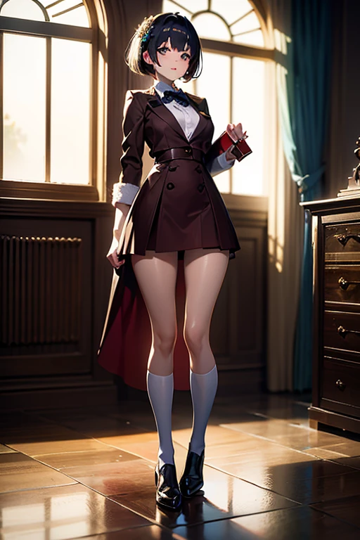 best quality ,masterpiece,solo,1girl,red hair,red eyes,a dress with long sleeves,pantyhose,lift up the dress,panties under the pantyhose,looking down,legs focus,evil smile,sweating,small lady serenity,big breasts,despise,steam,beret hat