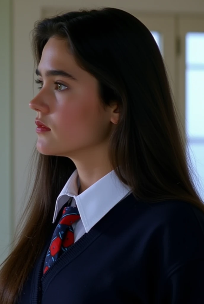 side view, a very lovely girl with long black hair, (at age 15), she wears a dark blue tidy school uniform and white shirt with a vivid vow tie., she has a flawless pale skin., (no make up), her natural beauty is accentuated., (the whiteness of her skin is accentuated.), It highlights Jennifer Connelly's unique beautiful facial features., She in a bright room., bright natural light is illuminating on her face., high definition ,  Ultra Fine,  Textured Skin , masterpiece, 