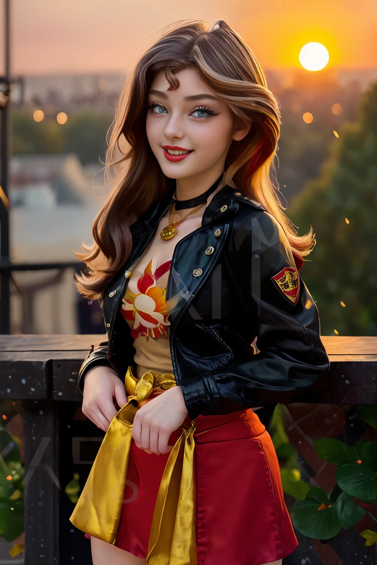 ( Masterpiece,  The Best Quality :1.2), only, 1girl ,  Beautiful teenage girl  europea , caucasian , mlpshimmer,  cute smile  , make-up , Red lips ,  looking at the spectator, small black jacket ,  orange t-shirt  , purple skirt , Sunset Shimmer , 18 years ,  Beautiful teenage girl  , Teenage Model , ojos color turquesa , within, fourth gamer ,  Home ,  full body photo  