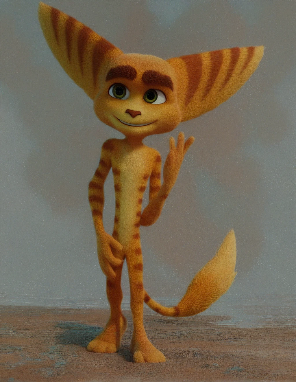 score_9,score_8_up,score_7_up,score_6_up,score_7_up,score_8_up,zPDXL3,ratchet,short,big head,3d \(artwork\),orange fur,striped body,smile,standing,naked,nude,solo,