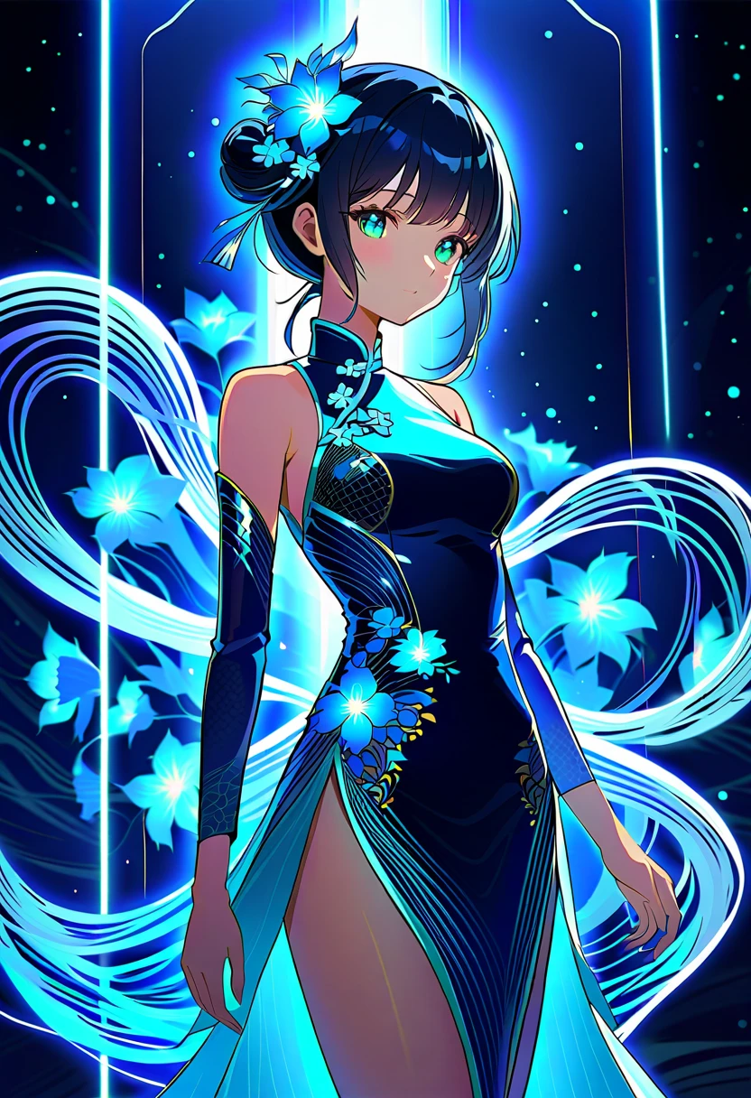 Create an image of a futuristic female character wearing a modernized qipao dress that integrates a realistic hologram effect. The dress should emit glowing, translucent light patterns resembling flowing energy lines or shimmering digital particles. The holographic design should move subtly across the dress, appearing dynamic, like augmented reality visuals, with intricate, iridescent patterns resembling digital grids, glowing flowers, or dragon motifs. The hologram effect should feel like it is projecting from the fabric itself in a sci-fi, futuristic atmosphere. The overall look is elegant, modern, and technologically advanced, with light-blue, neon accents and soft reflections of light, best quality, masterpiece, present.