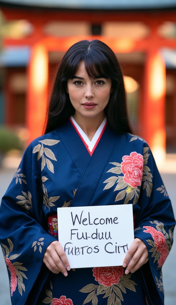  Front view, Name is Monica Bellucci,  1 woman, beautiful young American woman,  50-age, (Dark brown hair, middle hair , fringe, beautiful dark blue eye, smile), (C cup breasts, wide hip), ( Japanese traditional Dark blue Kimono, kimono's below  flower pattern , White obi with flower pattern ) , White board hold both hands, writing word "Welcome Fukutsu City" front Shinto shrine, The Road of Light , sunset, (super detail, high details, high quality, accurate, anatomically correct, textured skin, beautiful fingers super detail, high details, high quality, best quality)