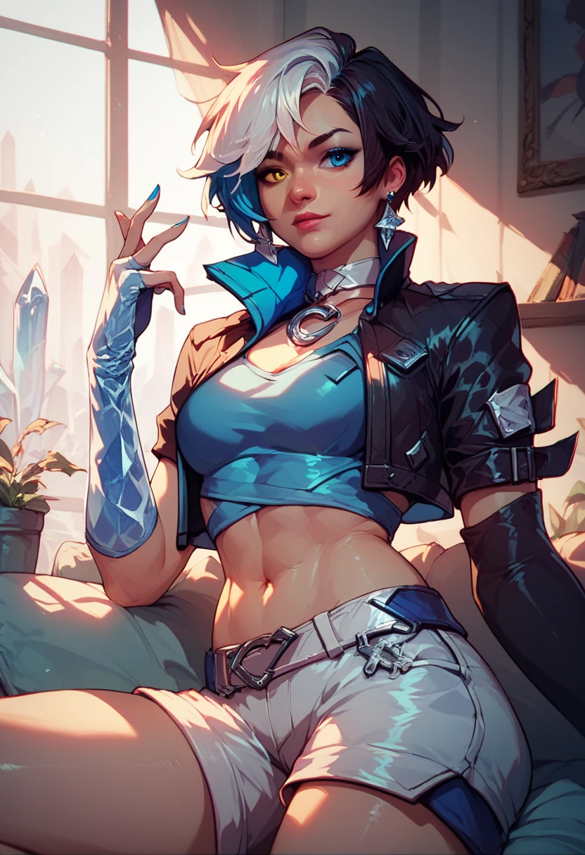 absurdres, 1girl, short hair, split-color hair, heterochromia, jewelry, white choker, cropped jacket, black jacket, blue crop top, mismatched fingerless elbow gloves, single crystal glove, blue nails, midriff, white shorts
