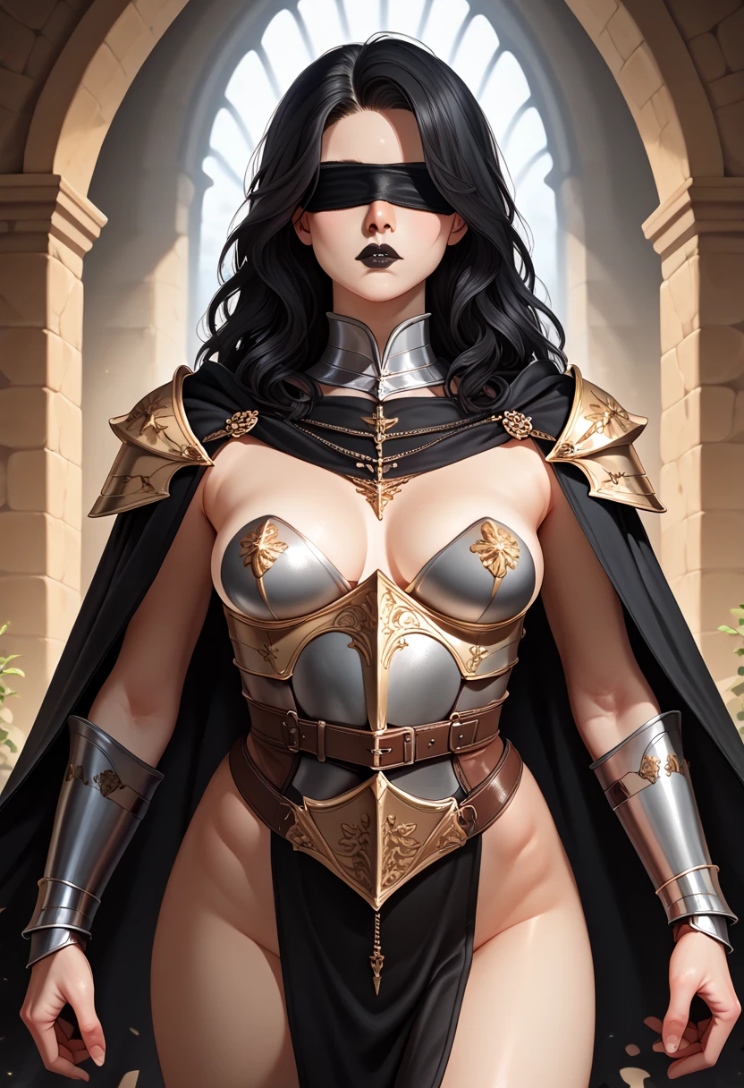 (high quality, 8k, 4K, high contrast, artwork:1.2, high quality, best aesthetics), (centered), ((1 woman)), slim long legs body, mature woman, super detailed, beautiful face detailed, detailed beautifull mouth, (long wavy black hair), (both eyes blindfolded), (blindfolded), (black blindfold), (serious expression), (black lipstick), (front view), (standing), (black revealing leather medieval fantasy armor), (long black cape), (medieval knight), (Nude:1.0)
